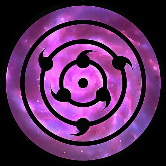Uchiha Clan 桌布 壁紙 — 一個發光的紫色宇宙眼睛符號，帶有黑色同心圓環和三個巴紋，背景是星光熠熠的星雲。