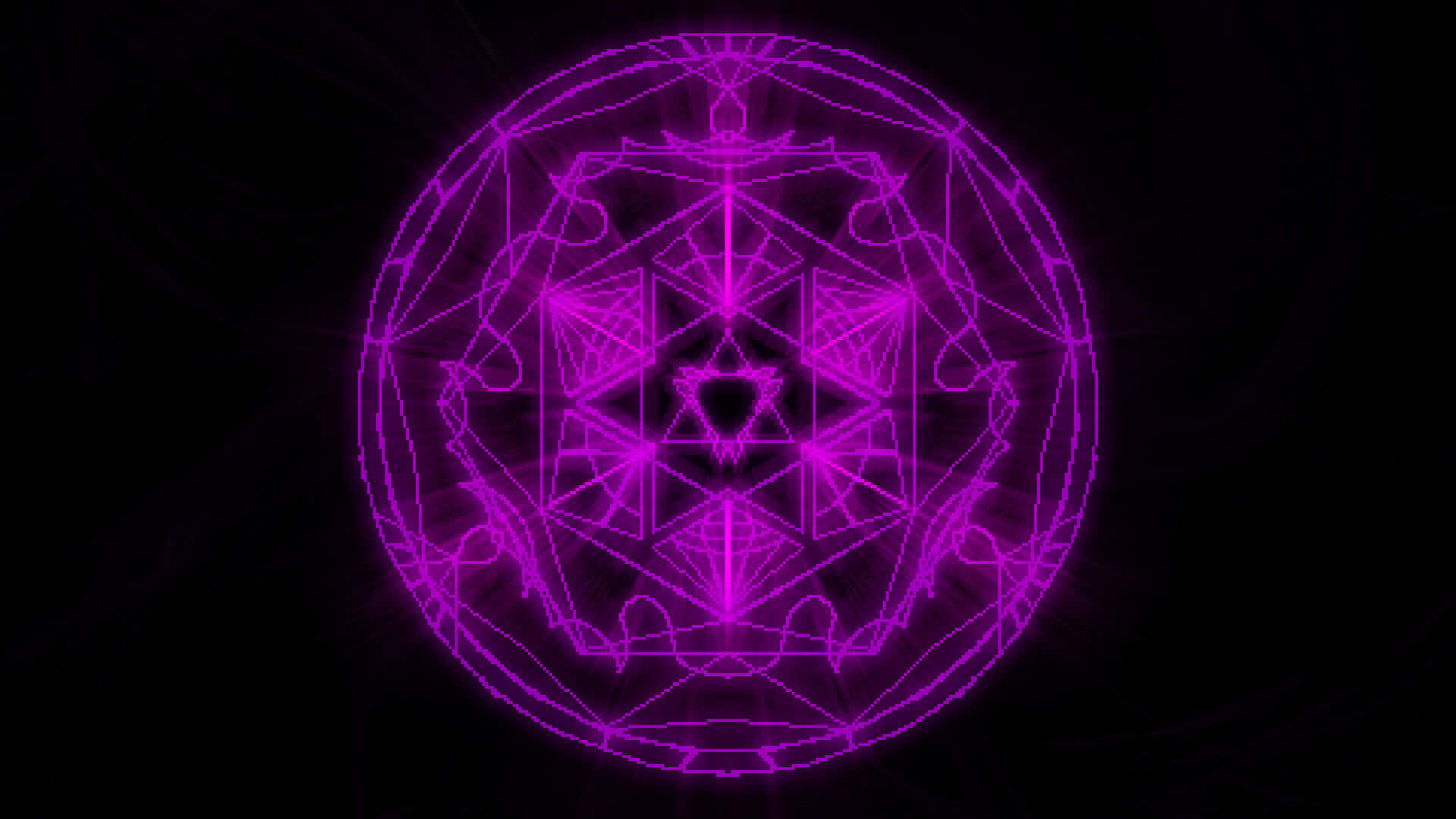 Alchemy 桌布 壁紙 — 一個發光的紫色幾何曼陀羅在帶有微妙徑向條紋的黑色背景上散發光芒。