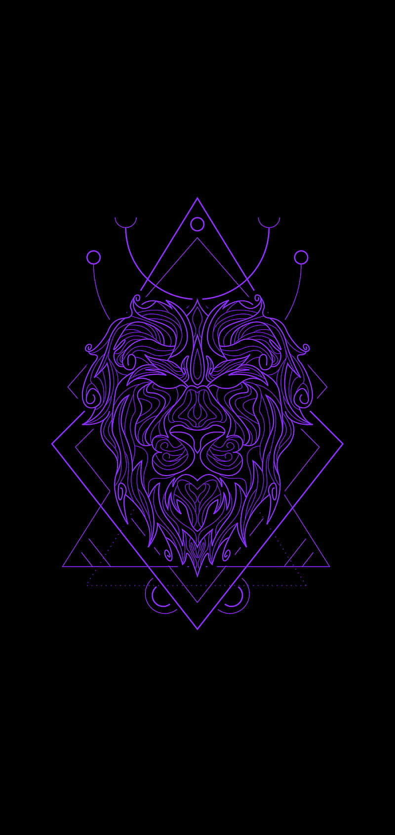 Leo Aesthetic 桌布 壁紙 — 一個發光的紫色幾何獅子頭，帶有複雜的漩渦和皇冠形狀，背景為黑色。