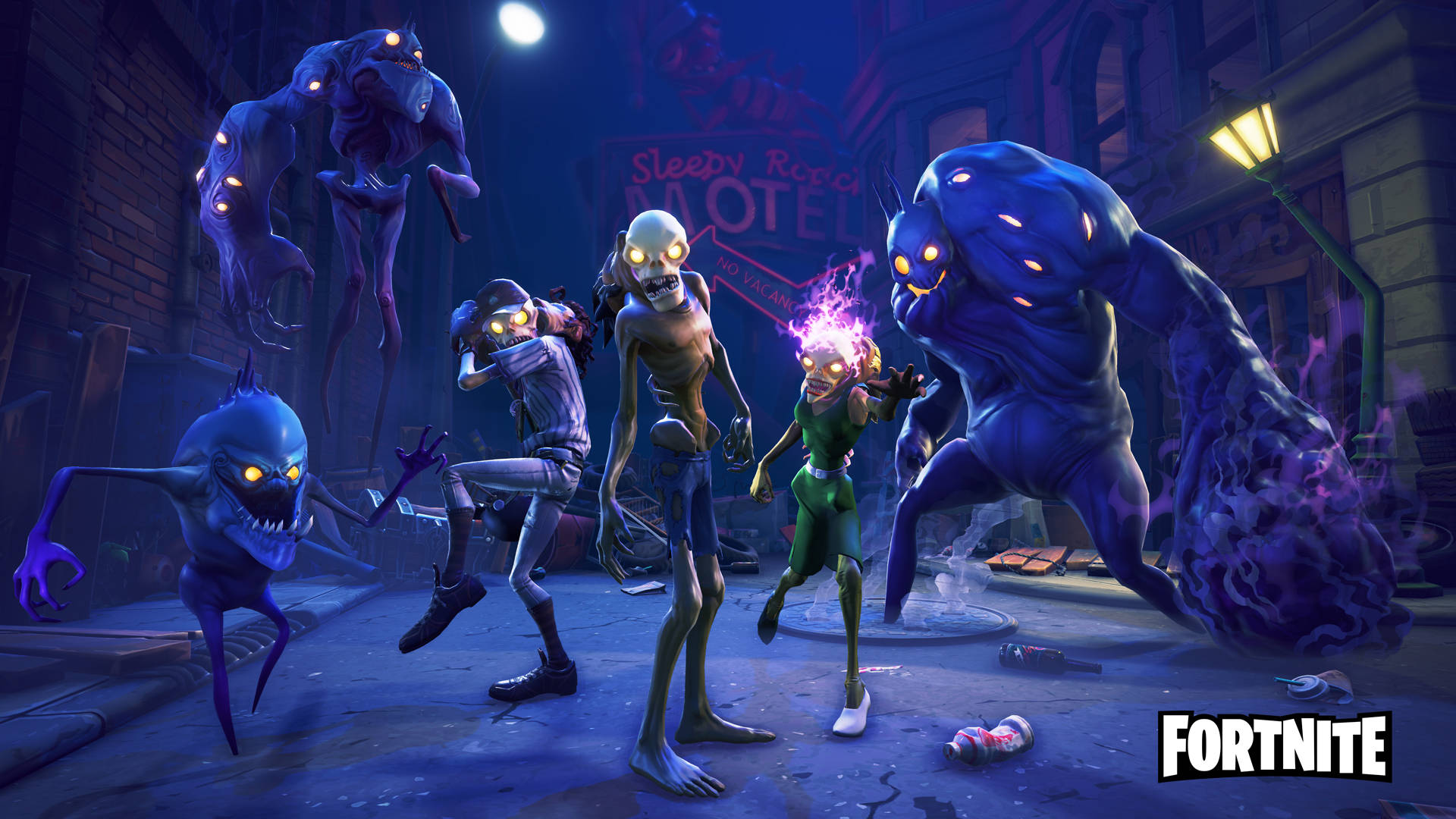 Fortnite 造型 桌布 壁紙 — 一個發光的紫色怪物和骷髏人物在夜晚霓虹燈照亮的城市小巷中對峙一個發光的角色。