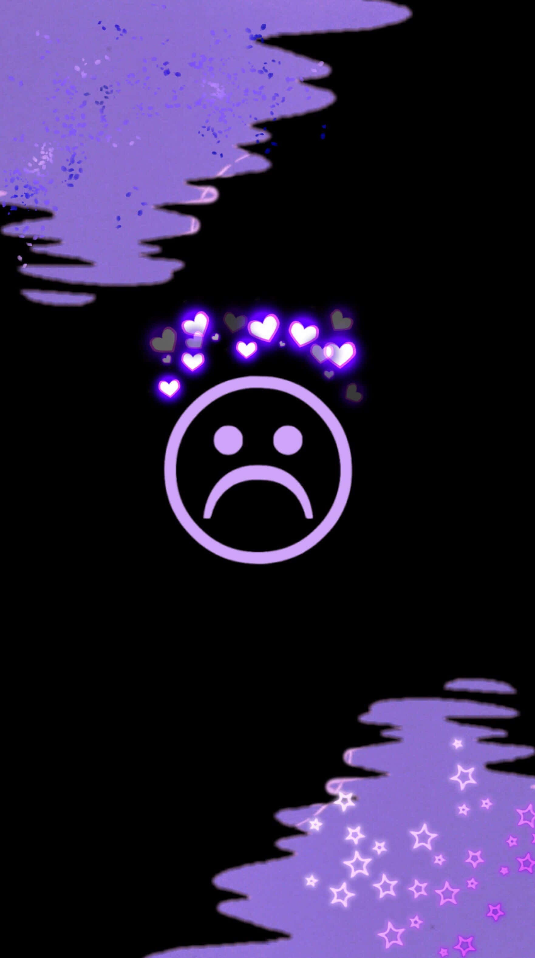 sadness 桌布 壁紙 — 一個發光的紫色悲傷臉孔，帶有漂浮的心形和星星，背景為黑色並有紫色油漆飛濺。