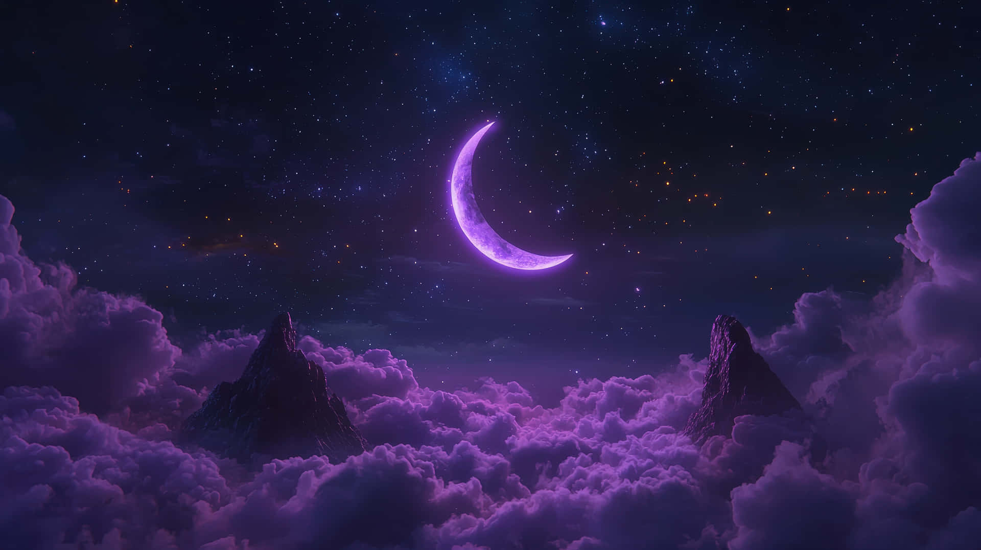 A luminous purple crescent moon shines above a dreamy, starry night sky, surrounded by misty clouds 壁紙 — 一個發光的紫色新月懸掛在鋸齒狀的山峰之上，這些山峰刺穿旋轉的紫色雲層，背景是繁星點點的夜空。