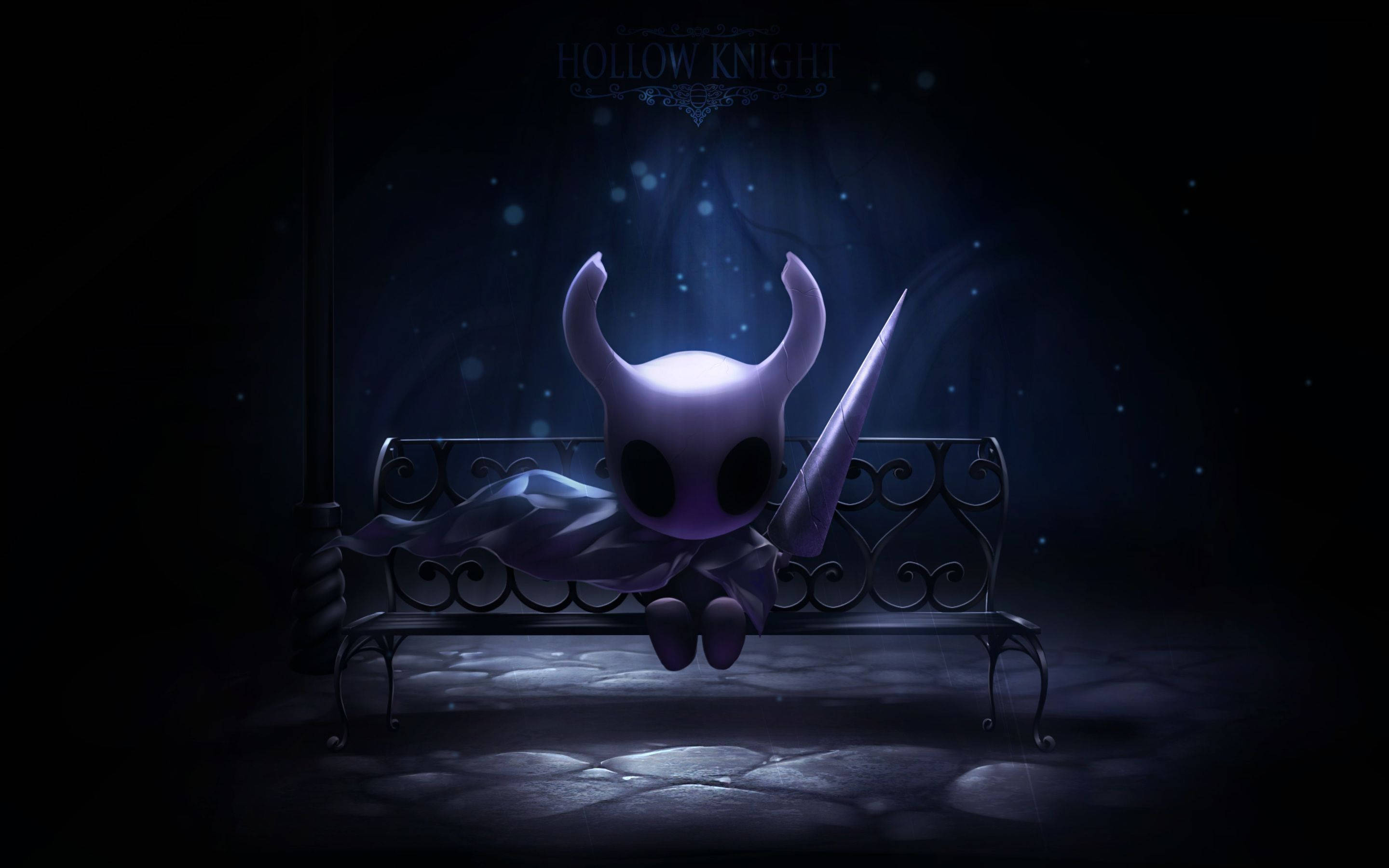 Hollow 桌布 壁紙 — 一個發光的紫色有角人物獨自坐在一個黑暗的華麗長椅上，在星空下的神秘遊戲場景中。