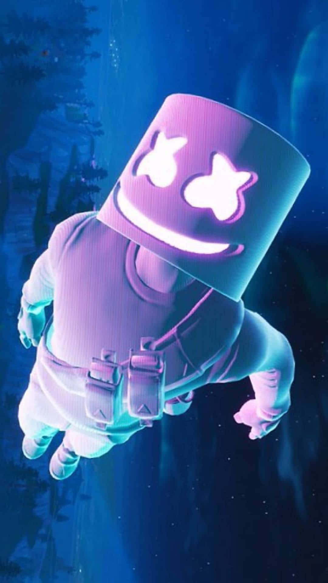 Fortnite 桌布 壁紙 — 一個發光的紫色棉花糖人，帶著微笑的臉，漂浮在深藍色海洋場景的水下。
