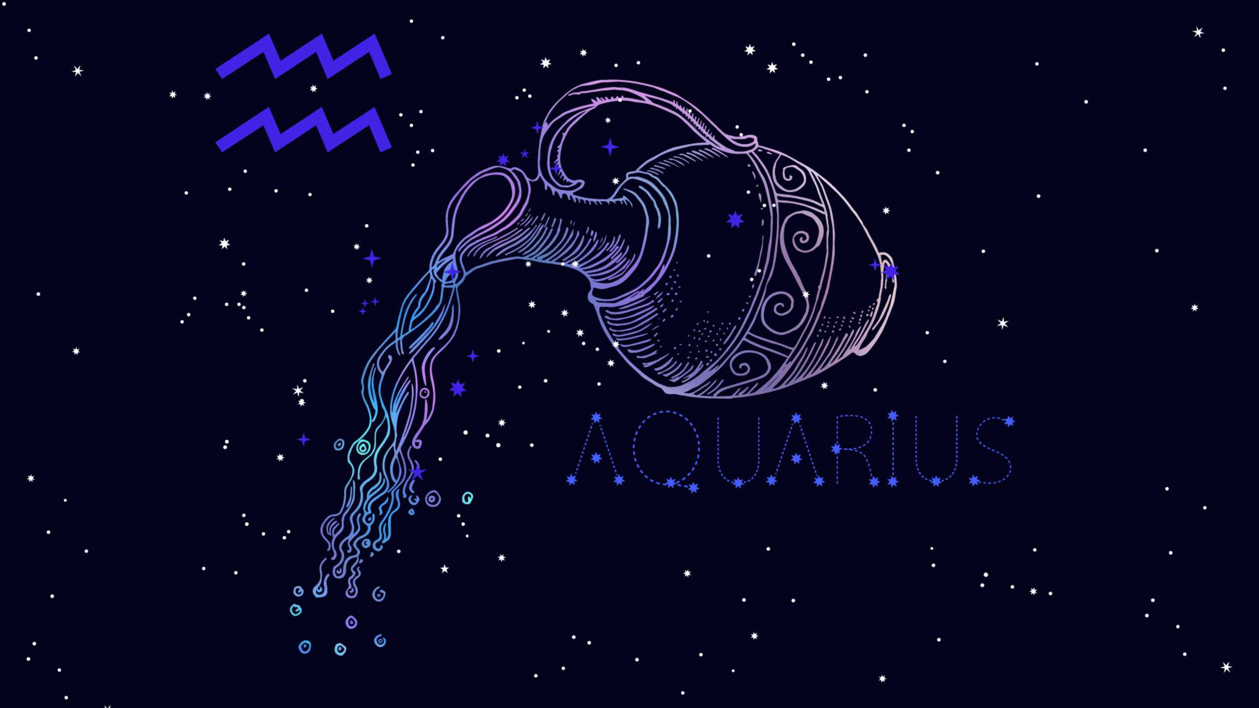 aquarius 桌布 壁紙 — 一個發光的紫色水瓶座星座，在點綴著閃爍星星的深藍色夜空中傾倒液體星星。