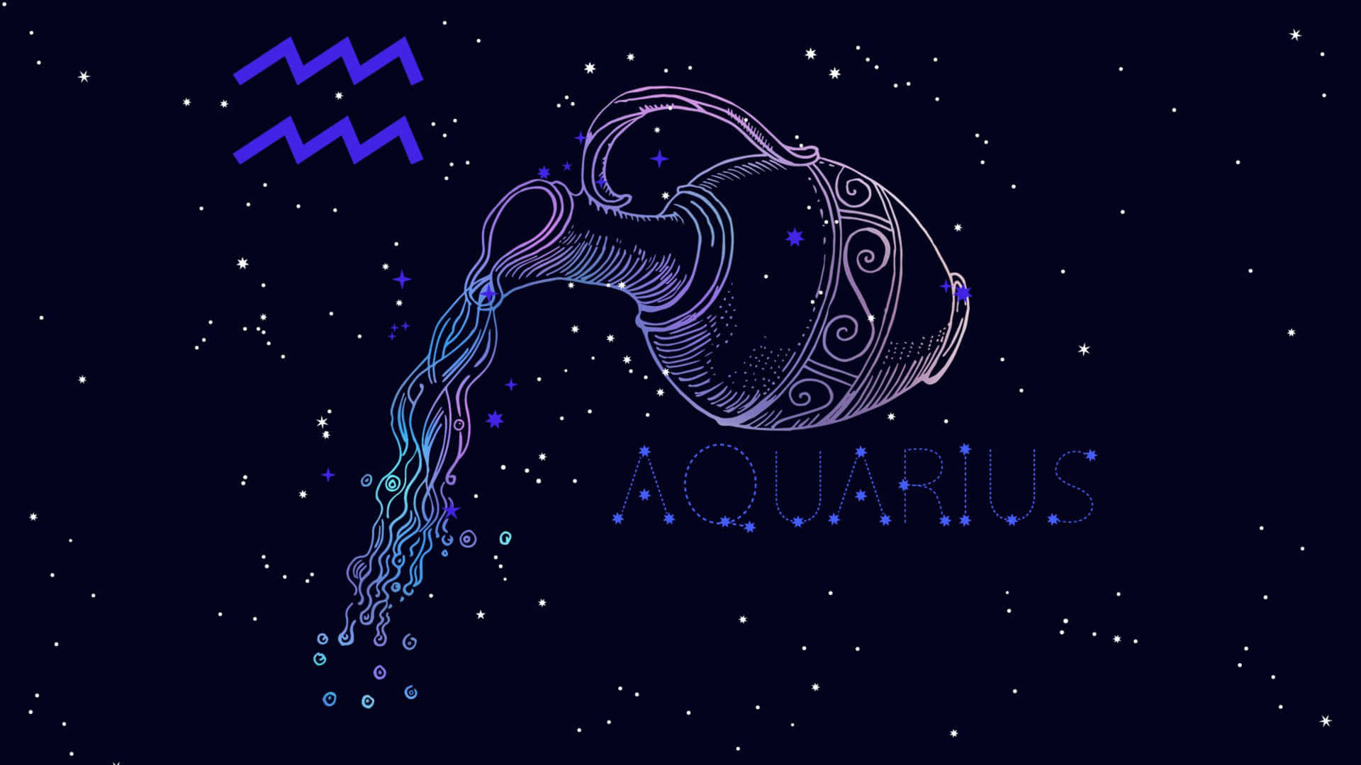 aquarius 桌布 壁紙 — 一個發光的紫色水瓶座星座，在點綴著閃爍星星的深藍色夜空上傾瀉液體星星。