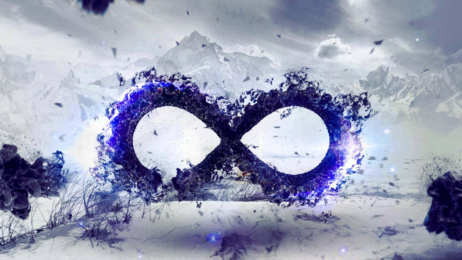 infinity 桌布 壁紙 — 一個發光的紫色無限符號從雪地中噴出，背景是風暴中的山脈。