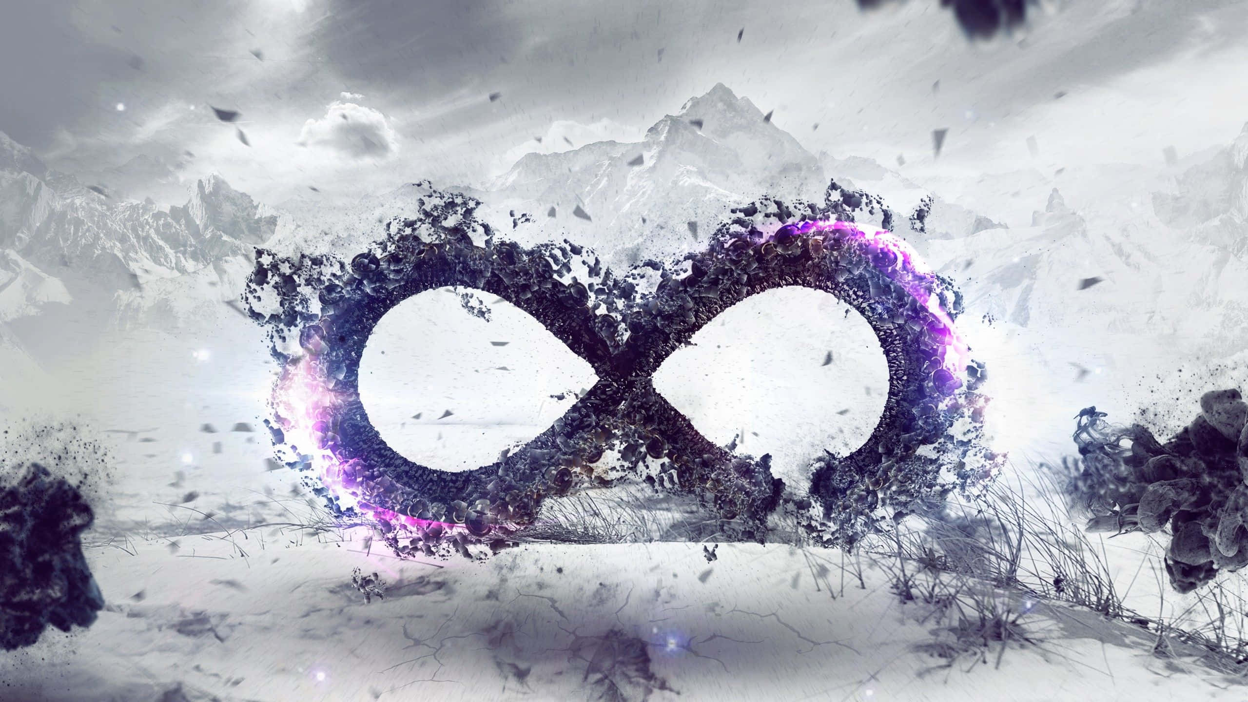infinity 桌布 壁紙 — 一個發光的紫色無限符號從雪覆蓋的山景中浮現，周圍粒子爆炸。