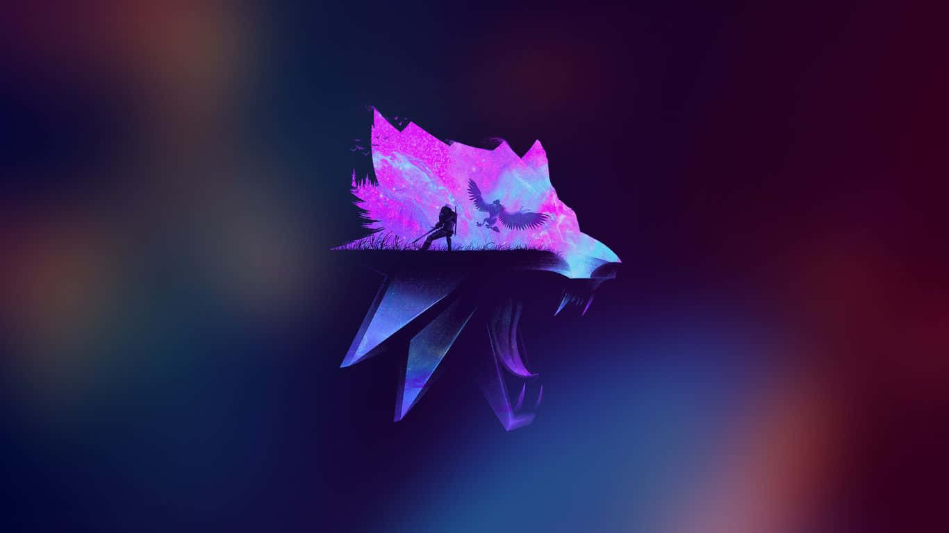 Dragon Head 桌布 壁紙 — 一個發光的紫色狼頭在黑暗中漂浮，鼻子上有一個剪影人物和一隻鳥。