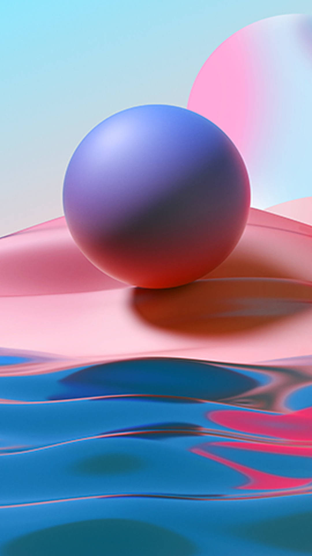iPhone 桌布 壁紙 — 一個發光的紫色球體停留在流動的粉紅色表面上，下方是漣漪般的藍色液體，背景是柔和的漸變天空。