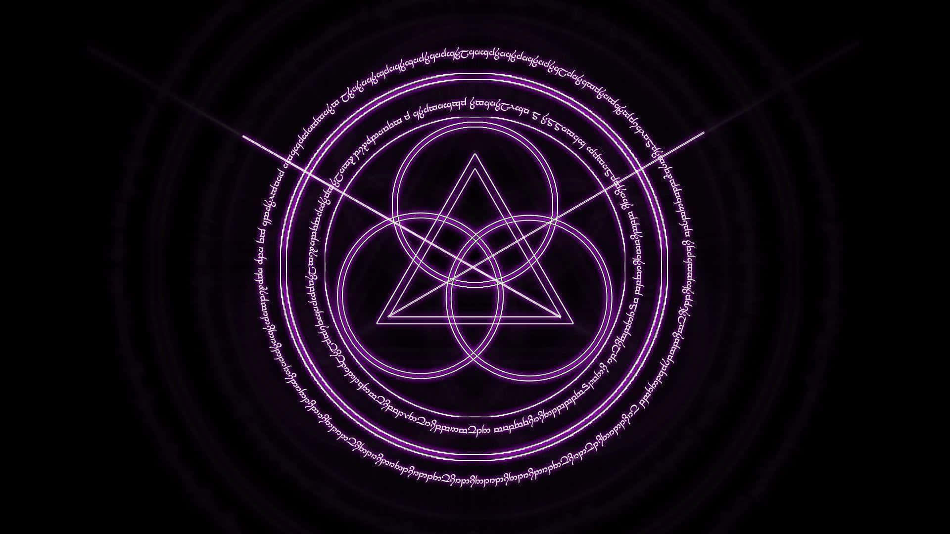 Occult 桌布 壁紙 — 一個發光的紫色神秘符號，帶有相互鎖定的三角形和圓形符文，在黑暗背景上散發光芒。