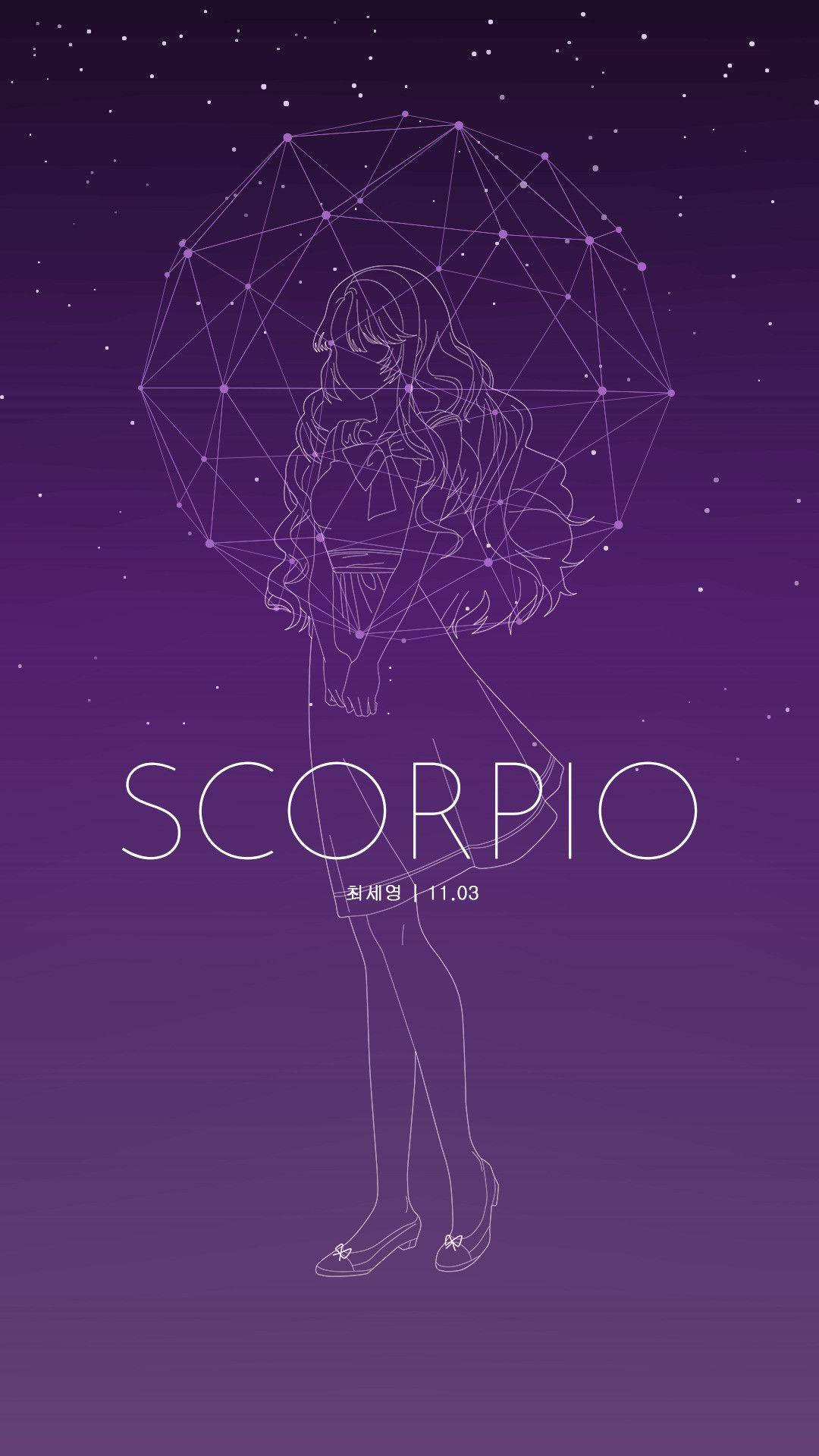 Scorpio 桌布 壁紙 — 一個發光的紫色線條藝術女孩站在一個幾何天蠍座星座下，背景是繁星點點的夜空。