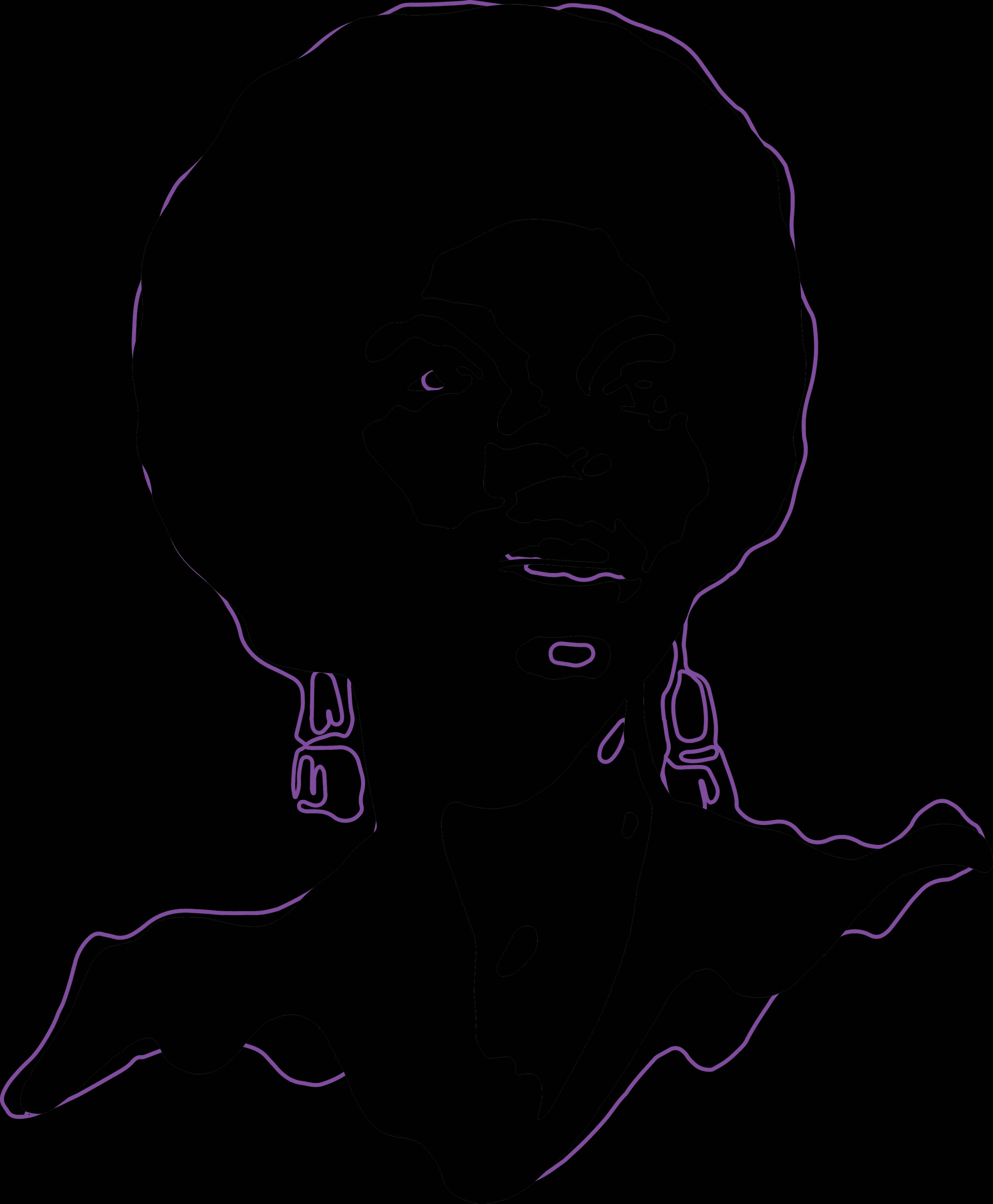 復古 桌布 壁紙 — 一個發光的紫色線條藝術肖像，描繪一位帶有非洲式髮型和垂墜耳環的人，背景為黑色。