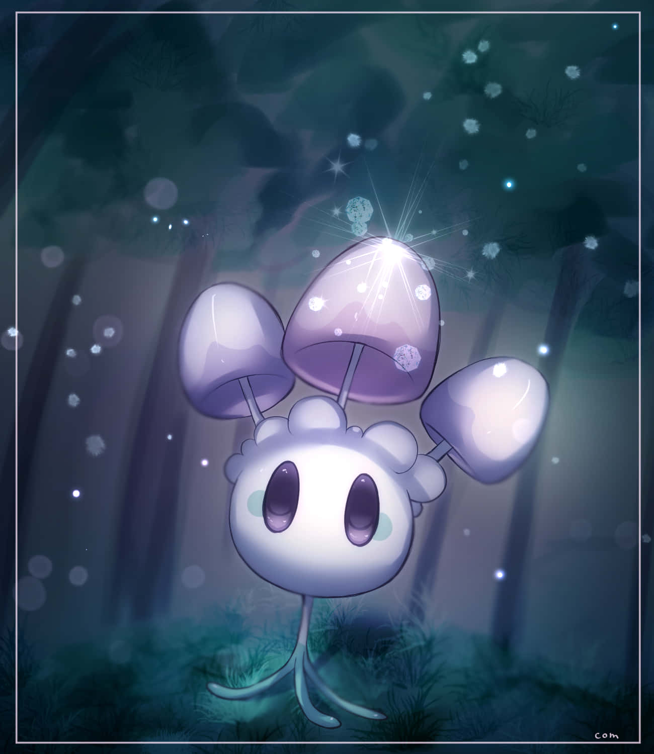 Morelull 桌布 壁紙 — 一個發光的紫色蘑菇生物，有三個帽子，站在黑暗的森林中，周圍環繞著漂浮的火花和柔和的散景光。