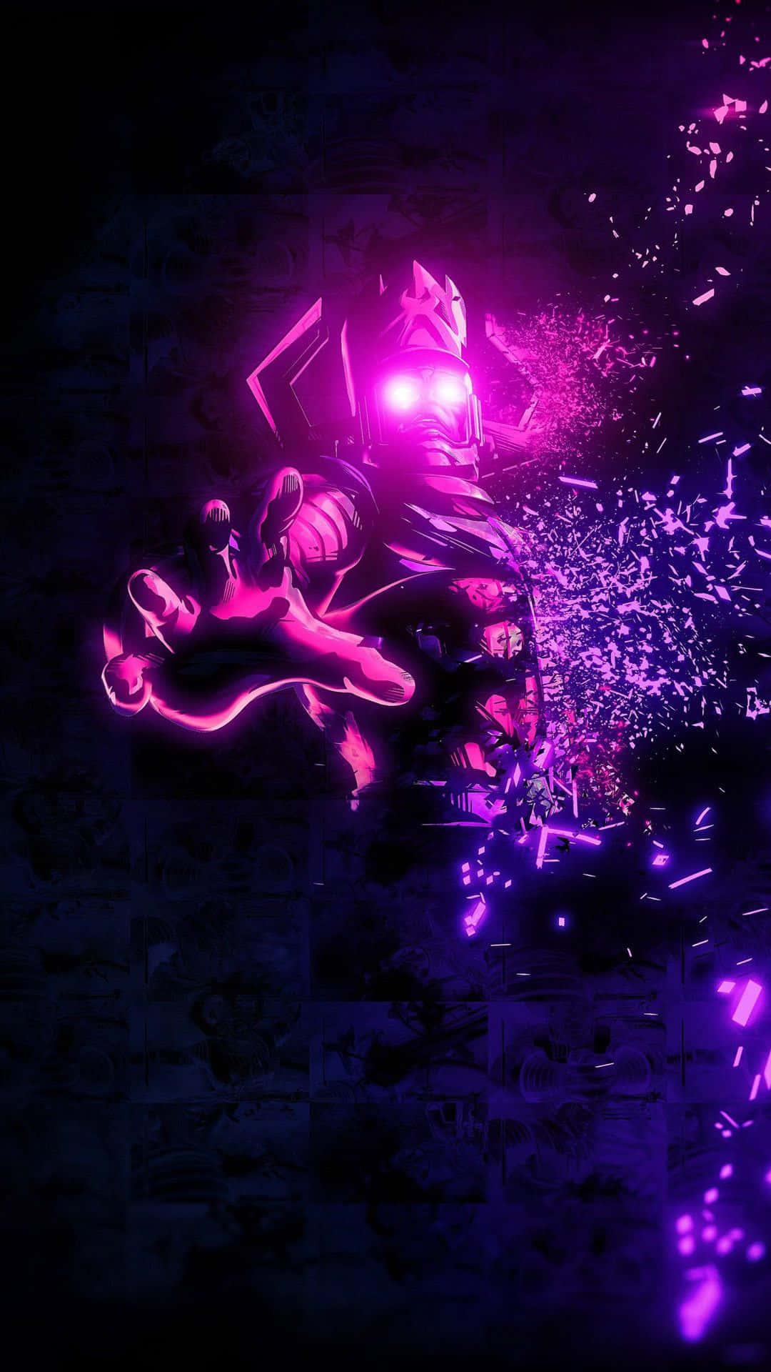 Galactus 桌布 壁紙 — 一個發光的紫色裝甲人物在黑暗的漫畫拼貼背景中爆發能量。
