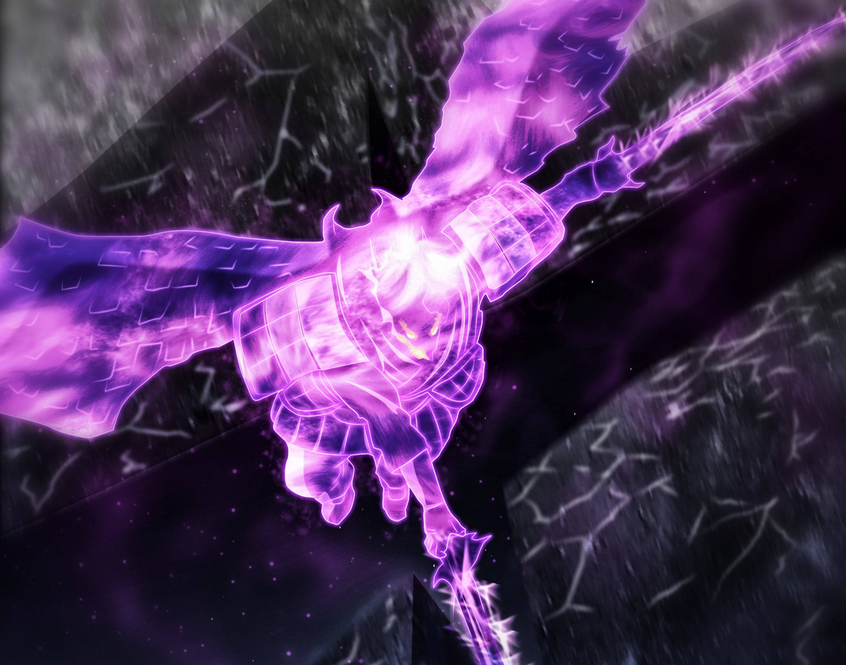 Sasuke Susanoo 桌布 壁紙 — 一個發光的紫色裝甲戰士，有翅膀和劍，飛過一個充滿漂浮符號的黑暗宇宙虛空。