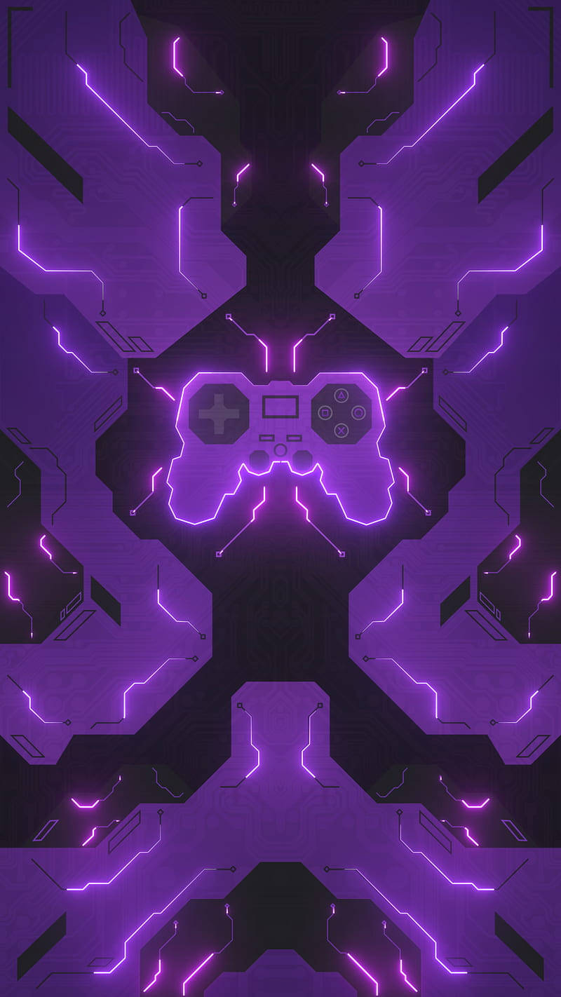 Purple Gaming 桌布 壁紙 — 一個發光的紫色遊戲控制器，置於對稱的電路板圖案中，帶有霓虹線條。