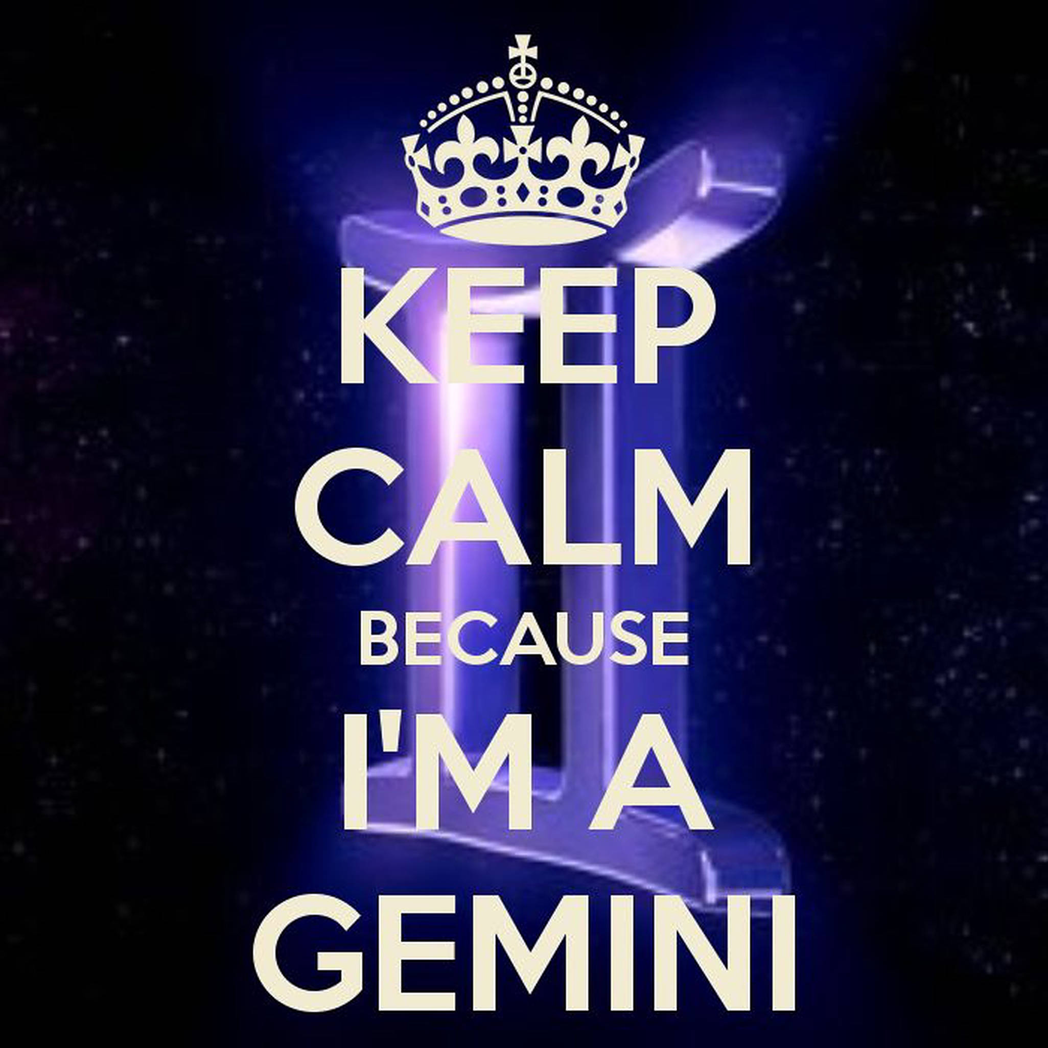 gemini 桌布 壁紙 — 一個發光的紫色雙子座星座符號，帶有皇冠和粗體文字，背景是繁星點點的夜空。