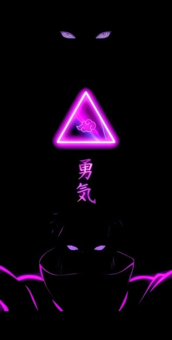 Purple Sasuke 桌布 壁紙 — 一個發光的紫色霓虹三角形，帶有雲朵符號和日本漢字，漂浮在黑色背景上一個戴面具人物的剪影上方。