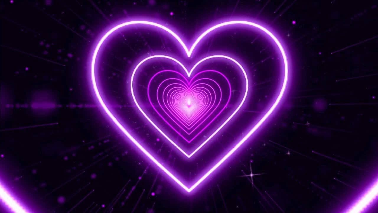 Beautiful Neon 桌布 壁紙 — 一個發光的紫色霓虹心形隧道，帶有同心圓環，逐漸消失在繁星點點的宇宙虛空中。