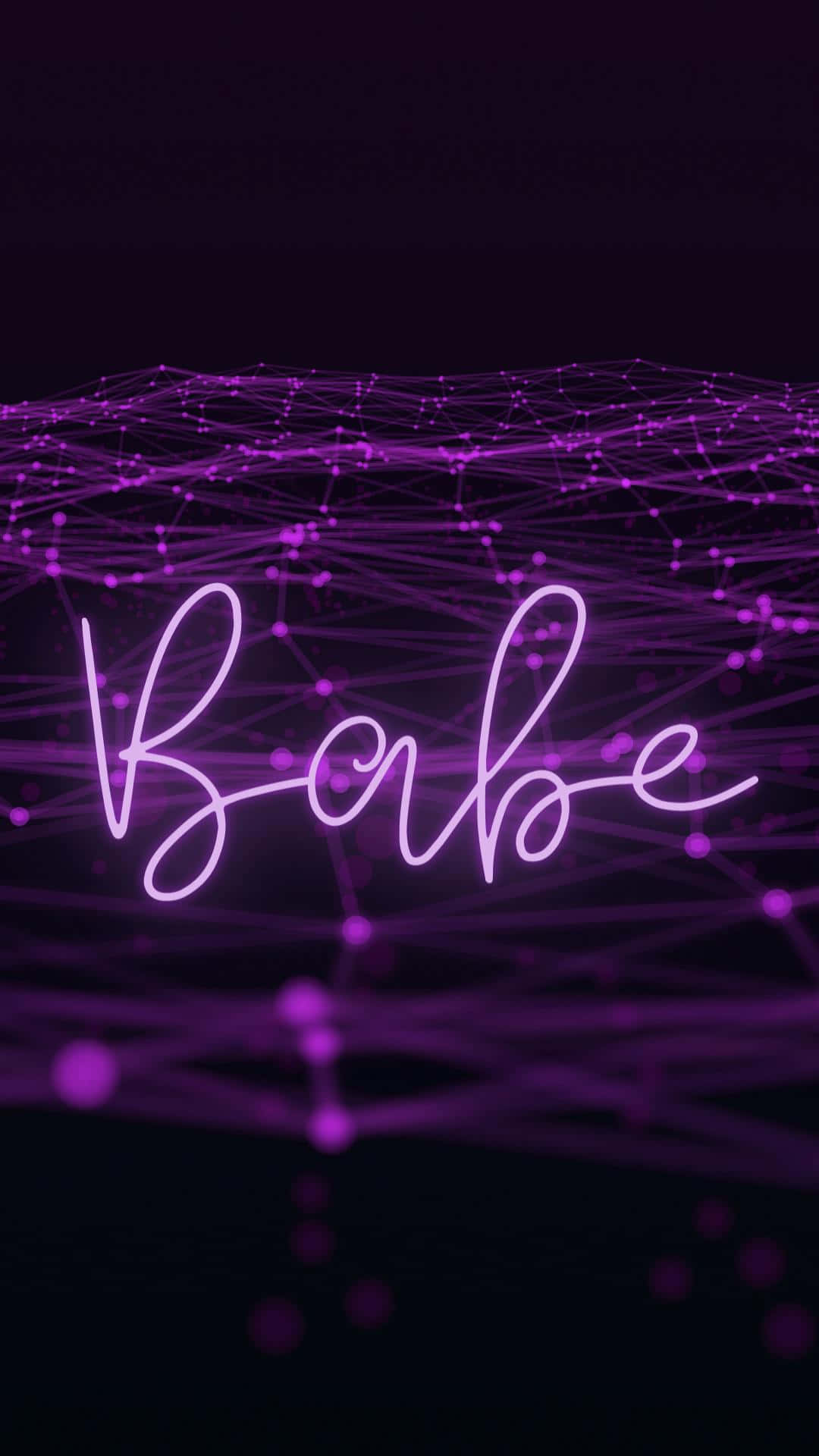 手機 桌布 壁紙 — 一個發光的紫色霓虹燈牌，上面寫著「Babe」，漂浮在未來風格的連接點和線網絡之上，背景為深色。