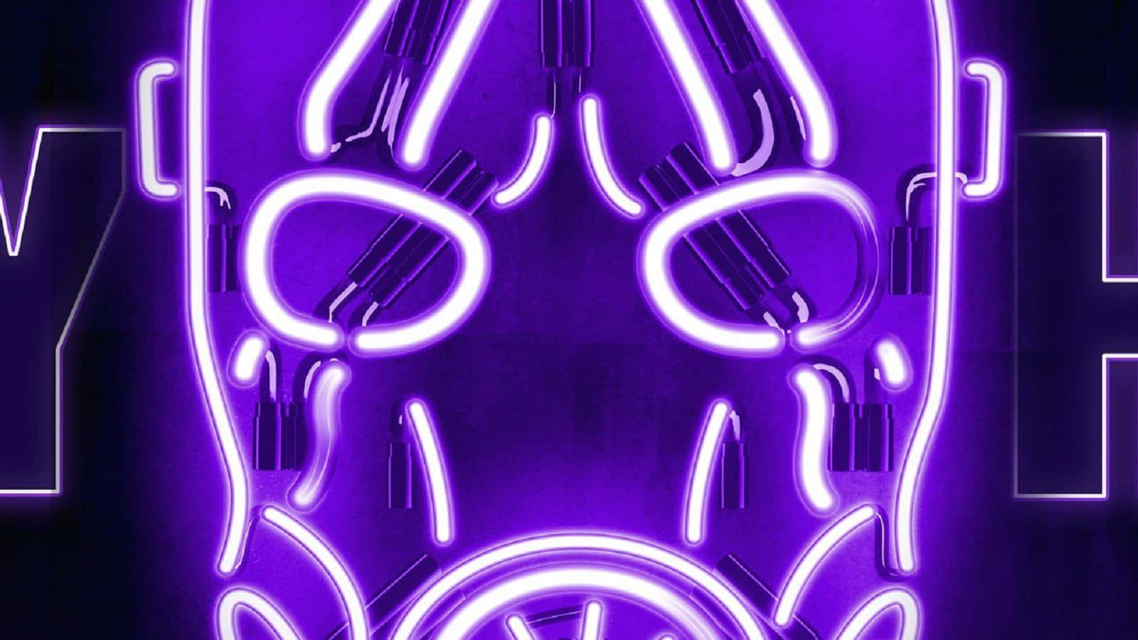 Borderlands 3 桌布 壁紙 — 一個發光的紫色霓虹燈牌，形狀像一個風格化的人臉，空洞的眼睛和寬闊的嘴巴，背景為深色。