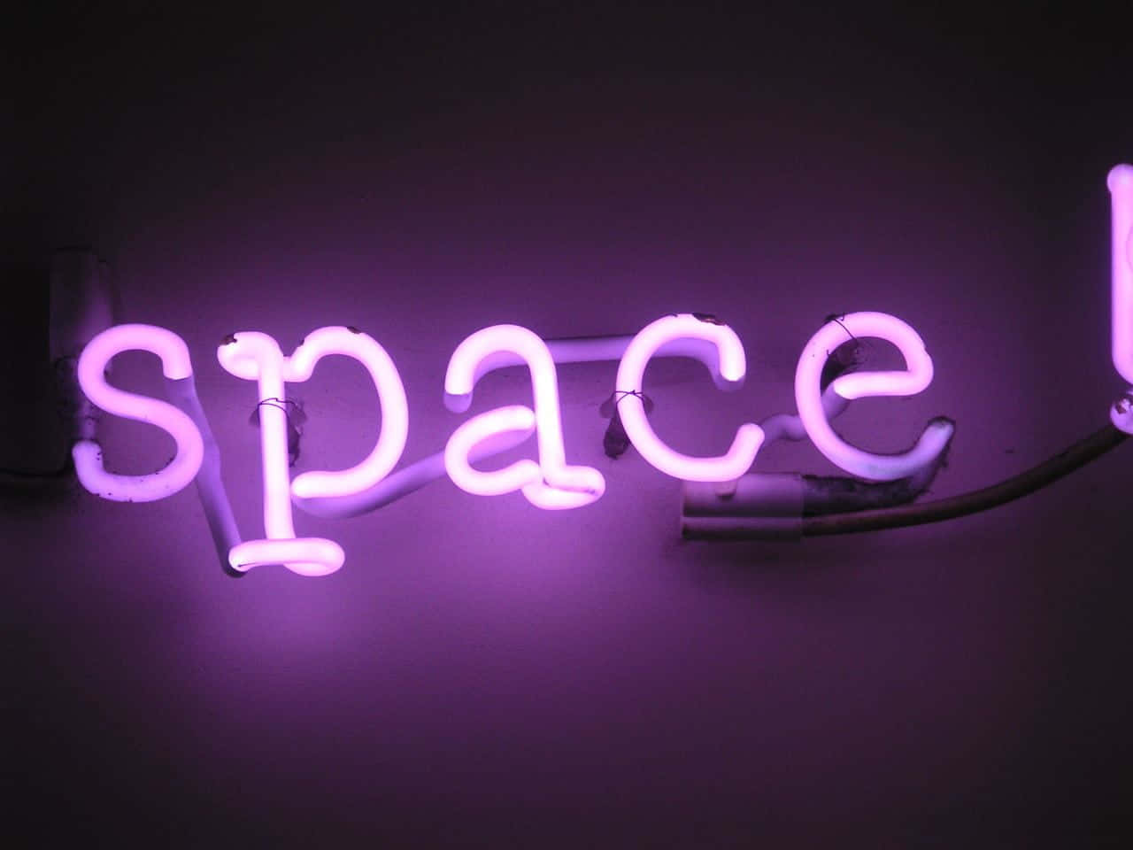 桌布 壁紙 — 一個發光的紫色霓虹燈牌，拼寫著「space」，在昏暗的房間中將柔和的光線投射在深色牆壁上。