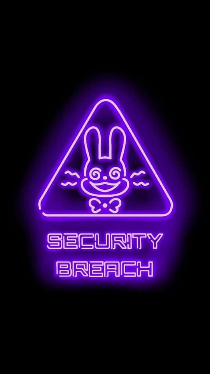 Security Breach 桌布 壁紙 — 一個發光的紫色霓虹燈牌顯示一個三角形內的卡通兔，下方有「SECURITY BREACH」文字。