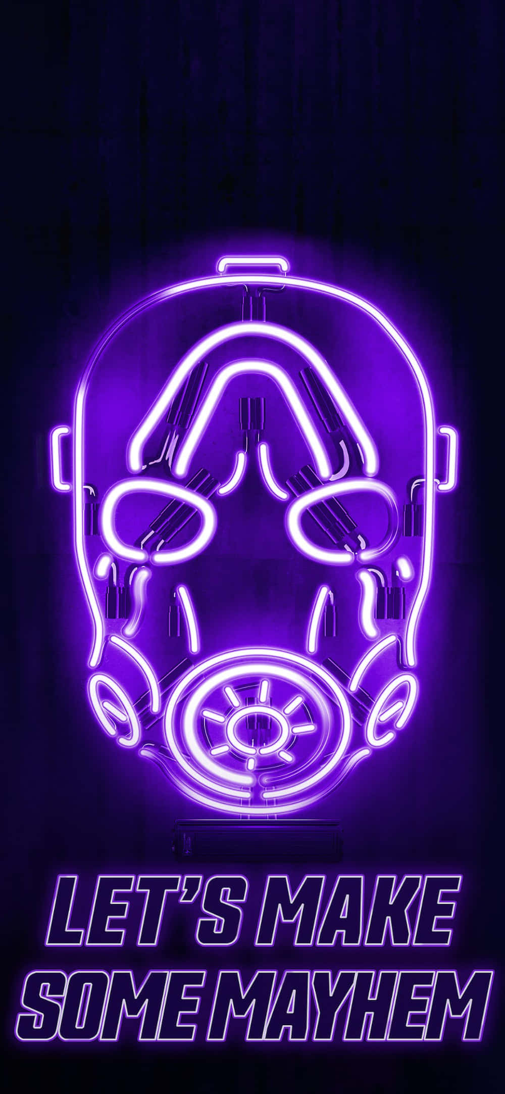 Pixel 3xl Borderlands 3 桌布 壁紙 — 一個發光的紫色霓虹燈防毒面具，下方有文字 let's make some mayhem，背景為深色。
