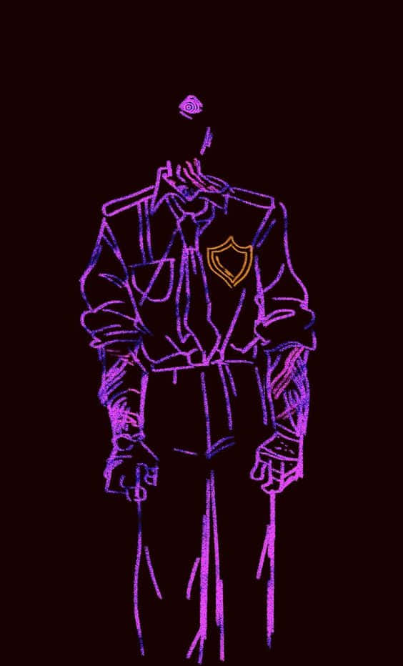 five nights at freddy's 桌布 壁紙 — 一個發光的紫色霓虹輪廓，穿著制服的人物帶有盾牌徽章，站在深色背景前。