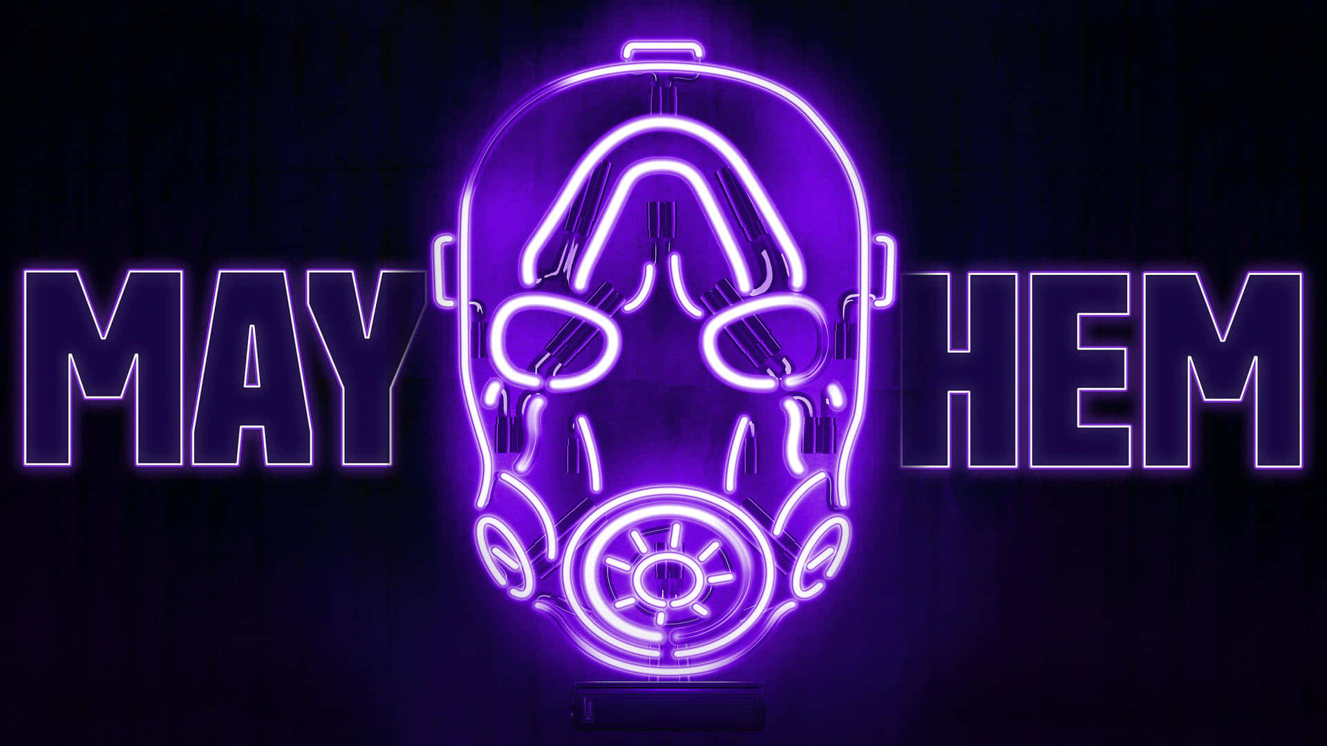1080p Borderlands 3 桌布 壁紙 — 一個發光的紫色霓虹防毒面具，居中於 MAY 和 HEM 之間，背景為深色。