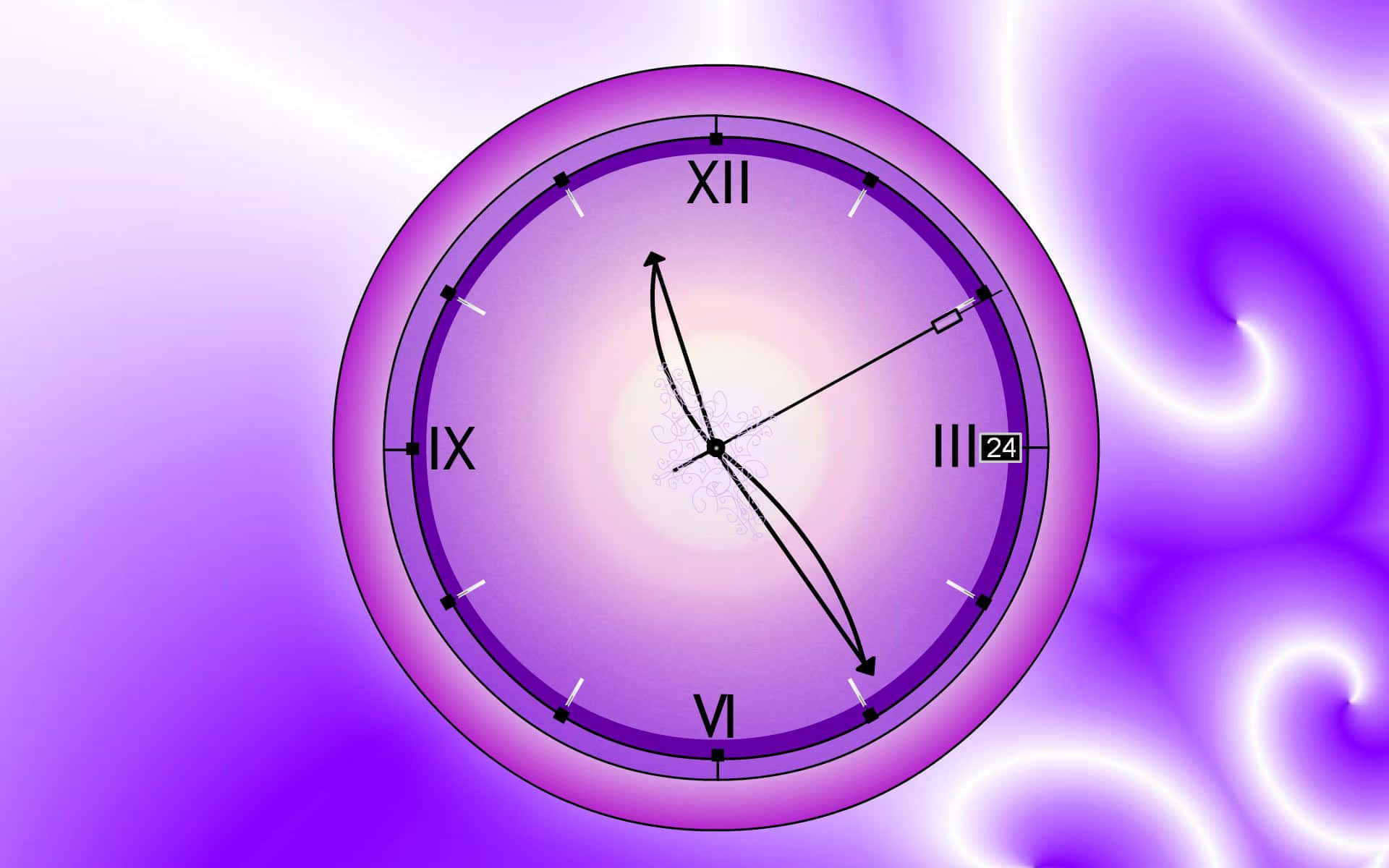 Clocks 桌布 壁紙 — 一個發光的紫色類比時鐘，帶有羅馬數字和24小時顯示，背景是旋轉的宇宙。