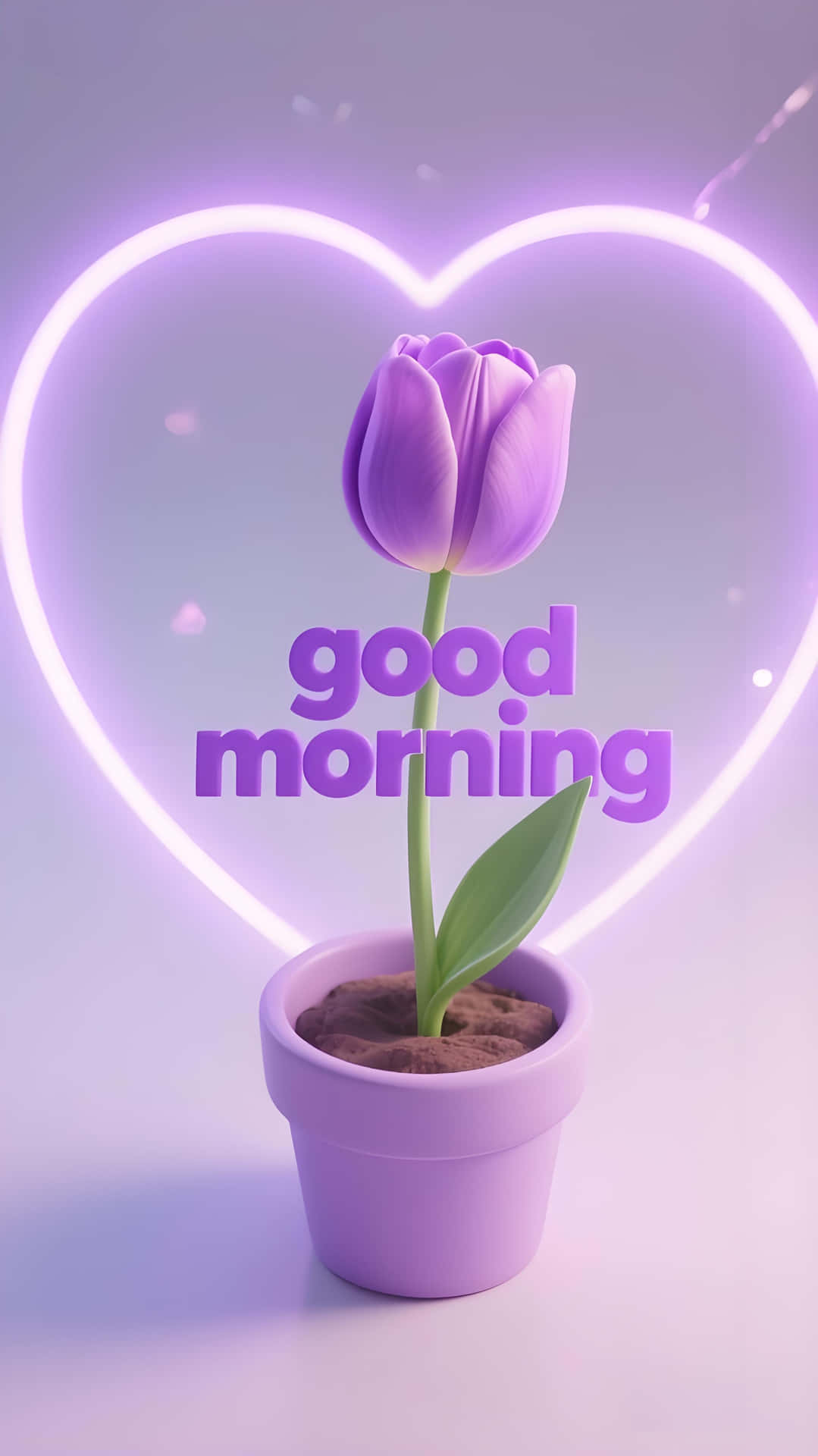 Purple Charm Good Morning: Romantic Tulip Wallpaper 壁紙 — 一個發光的紫色鬱金香放在相配的花盆中，站在一個帶有「早安」文字的霓虹心形前，採用柔和的粉彩色調。
