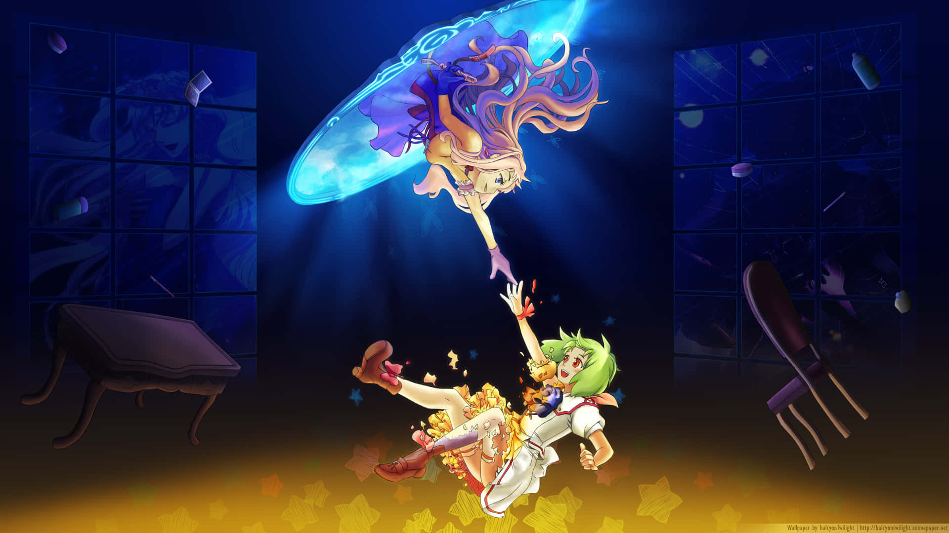 Macross 桌布 壁紙 — 一個發光的紫髮動漫女孩撐著藍色雨傘飄下，朝向一個在黑暗房間中伸手的綠髮女孩，房間裡有漂浮的碎片。