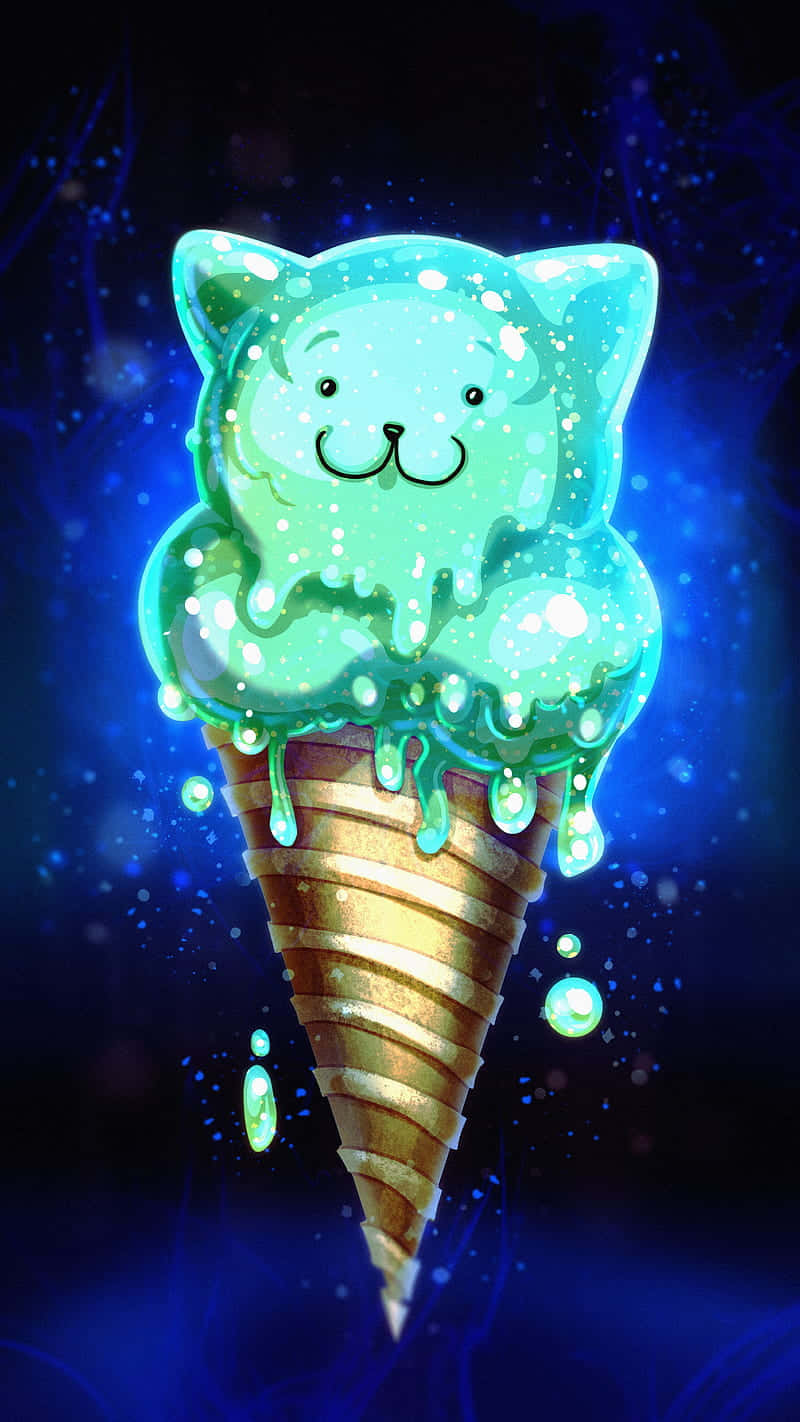 Ice Cream 桌布 壁紙 — 一個發光的綠松石貓形冰淇淋從金色甜筒愉快地融化，背景是閃爍的宇宙藍色。