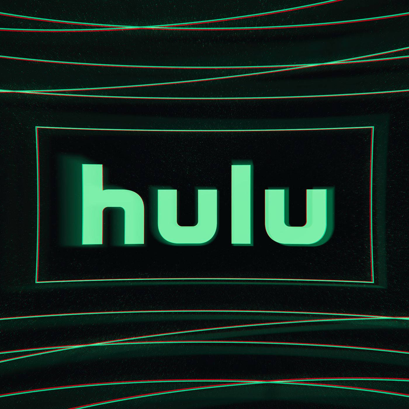Hulu 桌布 壁紙 — 一個發光的綠色 Hulu 標誌居中在黑暗空間中，帶有彎曲的紅色和綠色線條，營造出數位故障效果。