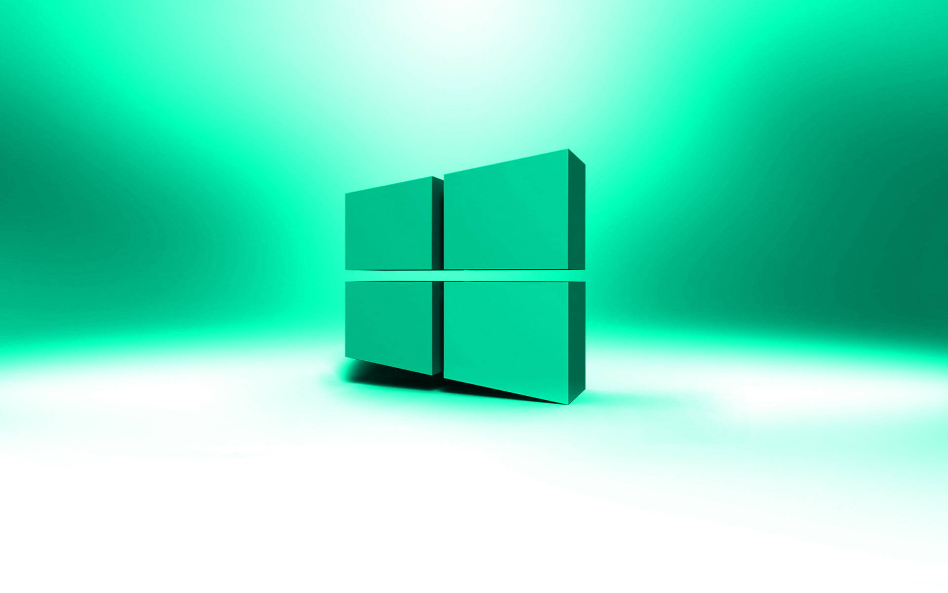 背景 桌布 壁紙 — 一個發光的綠色3D Windows標誌，居中放置在帶有柔和環境照明的漸層青綠色地板上。