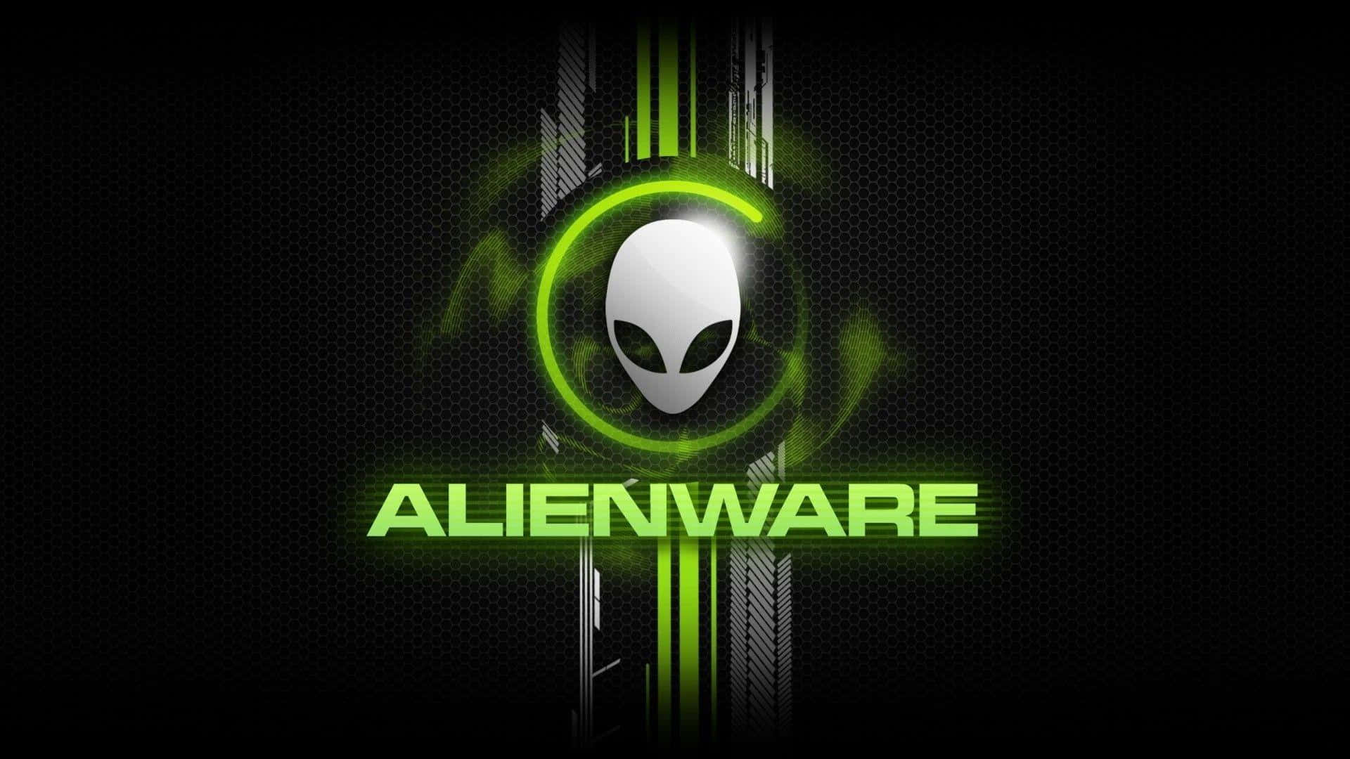 外星人 桌布 壁紙 — 一個發光的綠色Alienware標誌，帶有外星人頭部和文字，居中在深色六邊形網格背景上。