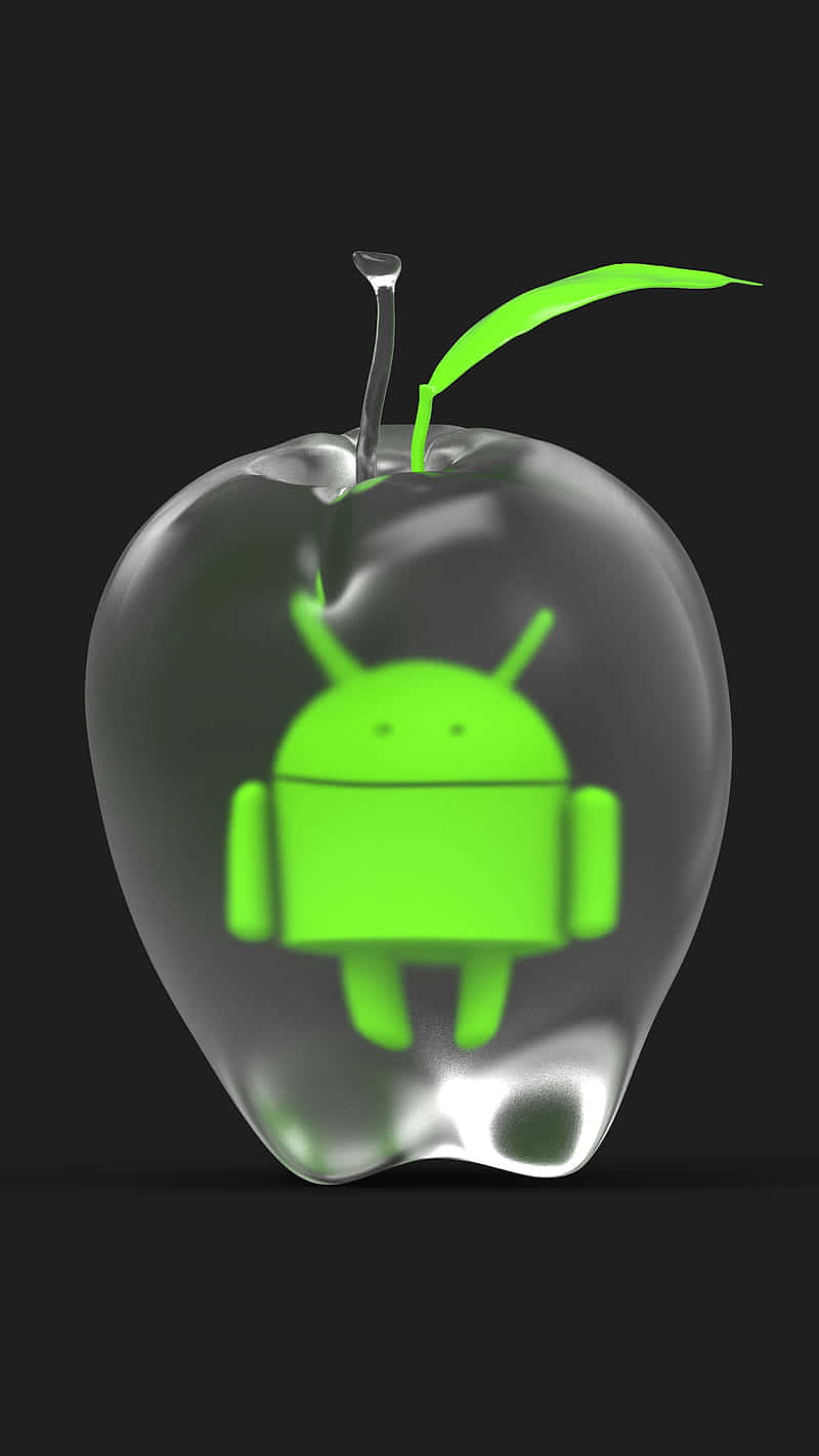 Apple Android 桌布 壁紙 — 一個發光的綠色Android吉祥物漂浮在一個半透明玻璃蘋果內，蘋果帶有一片葉子，背景為黑色。