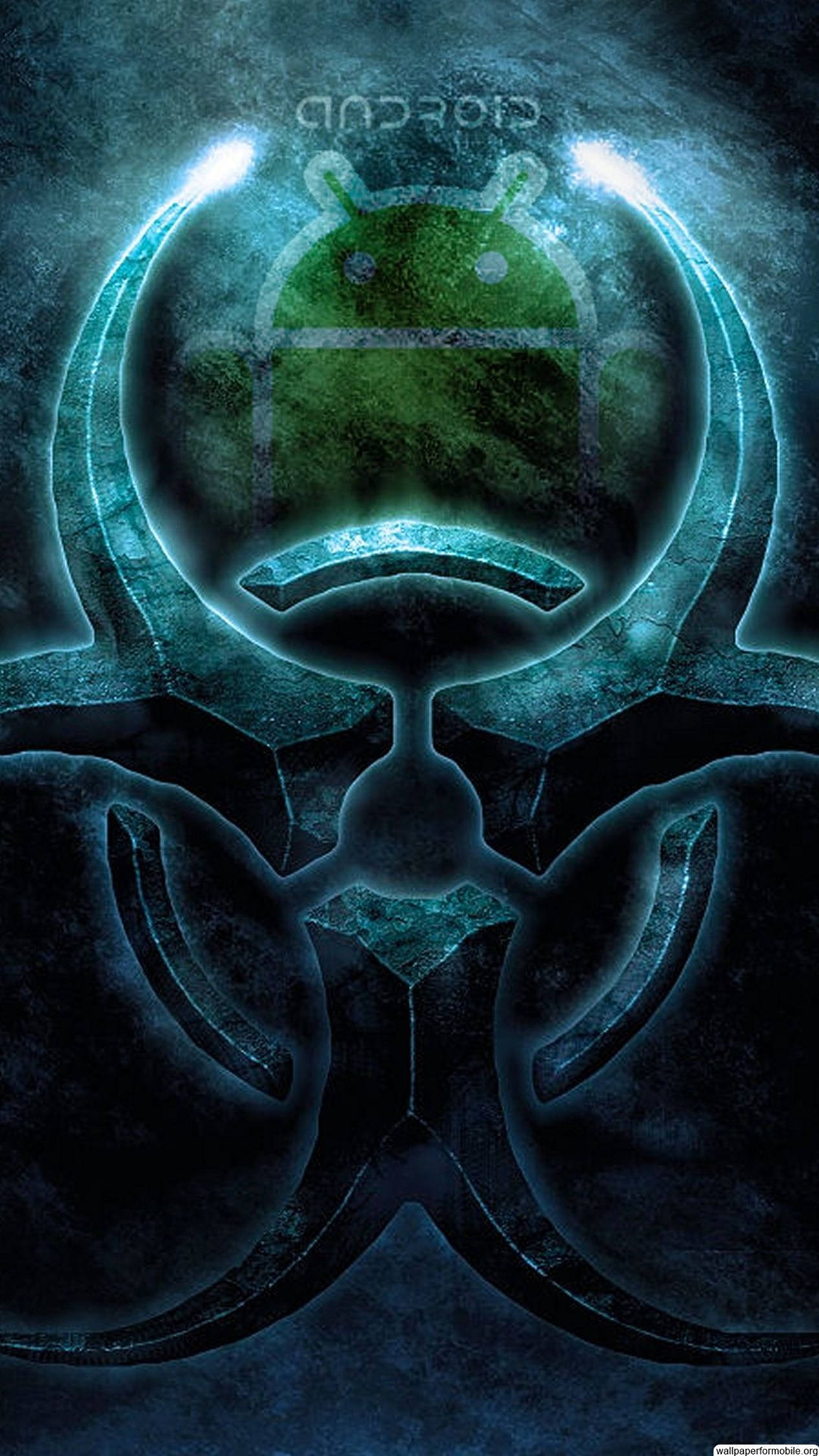 Android吉祥物在發光的生物危害標誌內，帶有深藍色燈光。 — 4K Android 壁紙