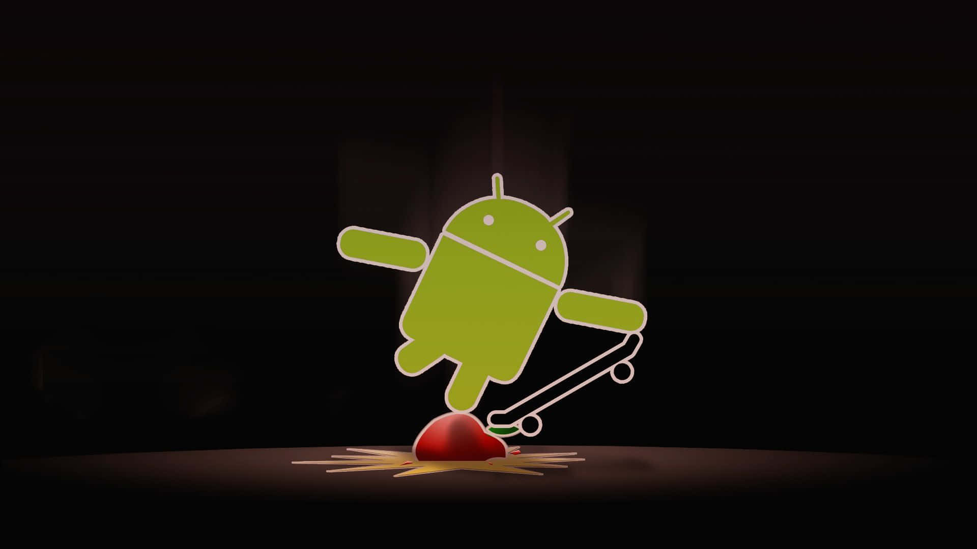 桌布 壁紙 — 一個發光的綠色Android吉祥物在黑暗房間的木質表面上，於一個紅色蘋果上保持平衡。