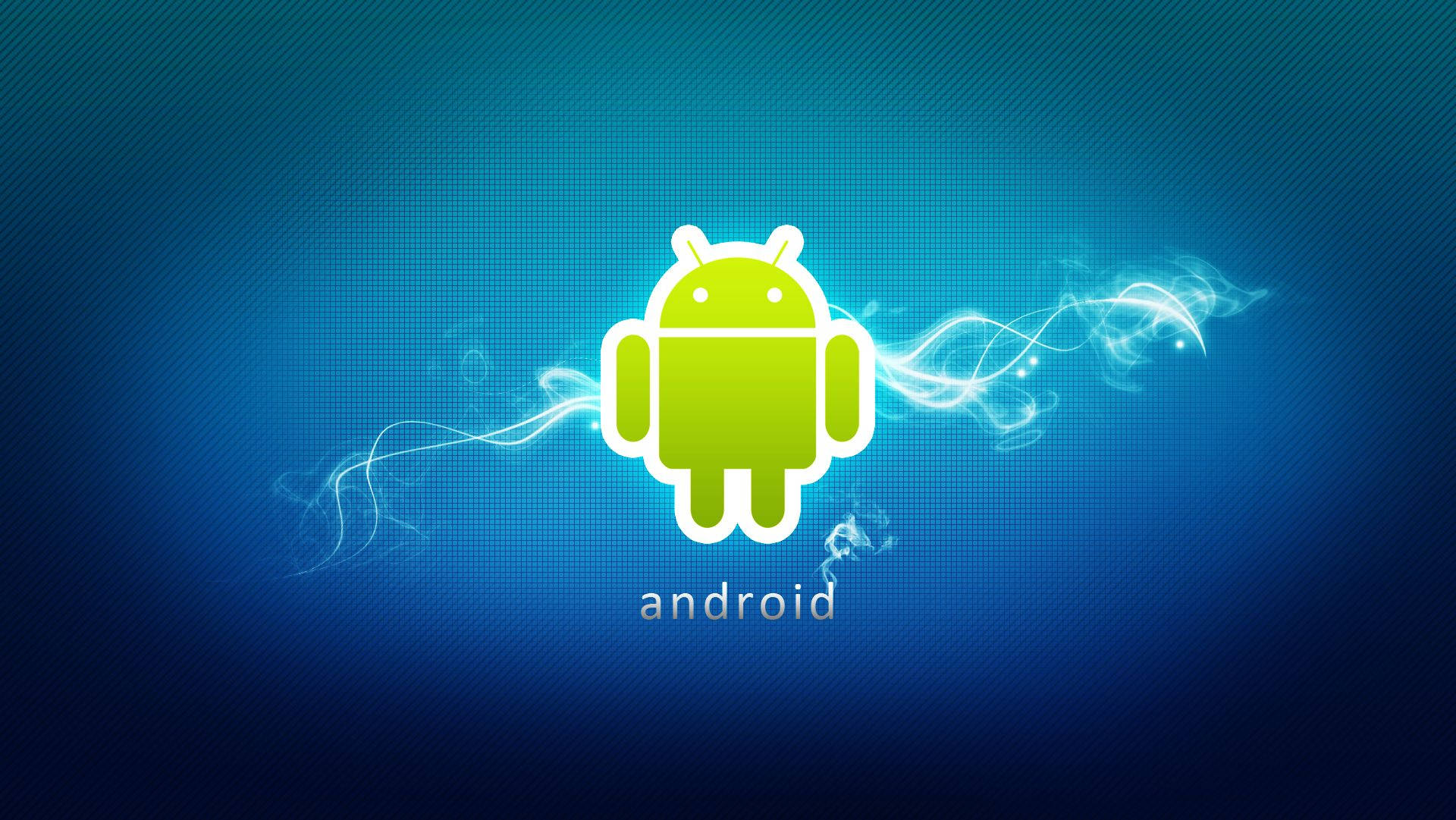 安卓 桌布 壁紙 — 一個發光的綠色Android機器人圖示在帶紋理的藍色數位背景上發出白色能量波。