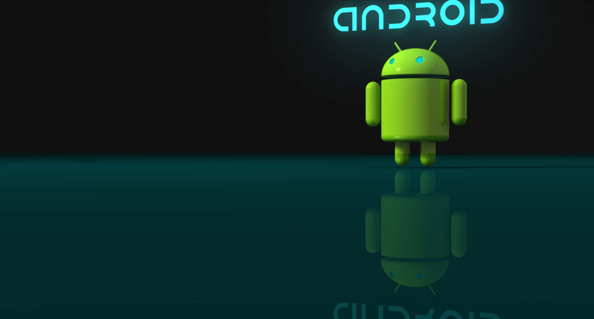 Android Computer 桌布 壁紙 — 一個發光的綠色Android機器人站在反光表面上，下方是發光的藍色Android標誌，背景為深色。