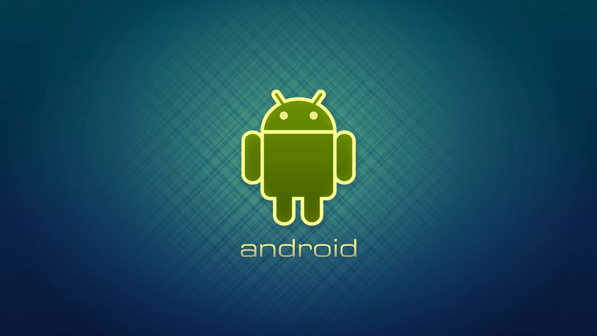 Android Computer 桌布 壁紙 — 一個發光的綠色Android機器人標誌，居中放置在帶有微妙對角線的藍色漸變背景上。