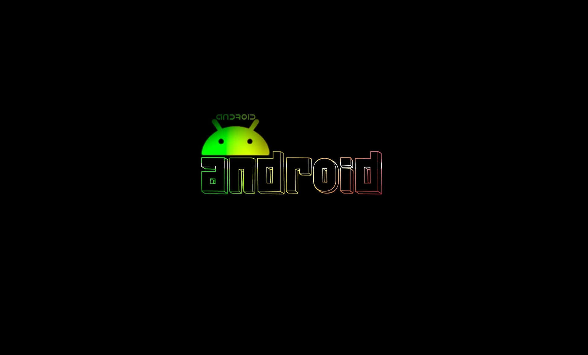 Android Computer 桌布 壁紙 — 一個發光的綠色Android機器人標誌，帶有彩虹輪廓文字，背景為黑色。