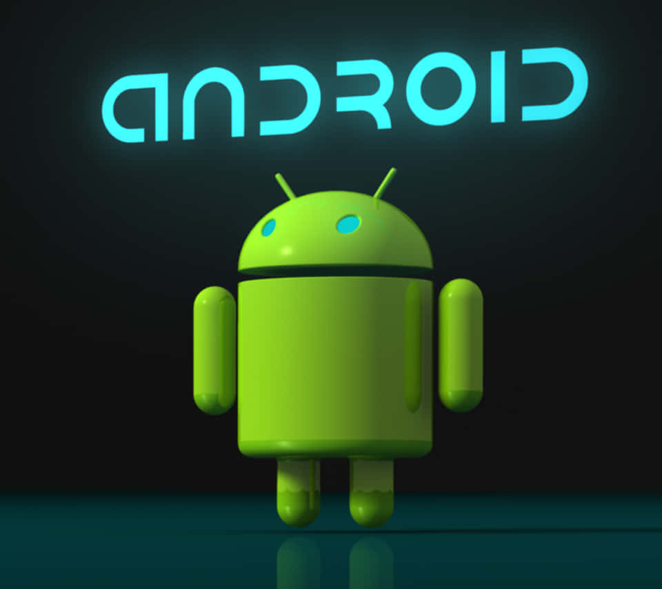 安卓 桌布 壁紙 — 一個發光的綠色Android機器人站在一個明亮的青色Android標誌下，背景為深色。