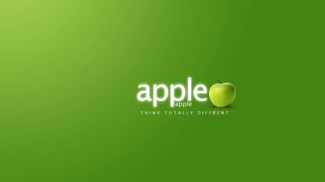 1366x768 Apple 桌布 壁紙 — 一個發光的綠色Apple標誌，上面有apple字樣和標語think totally different，背景為綠色漸變。