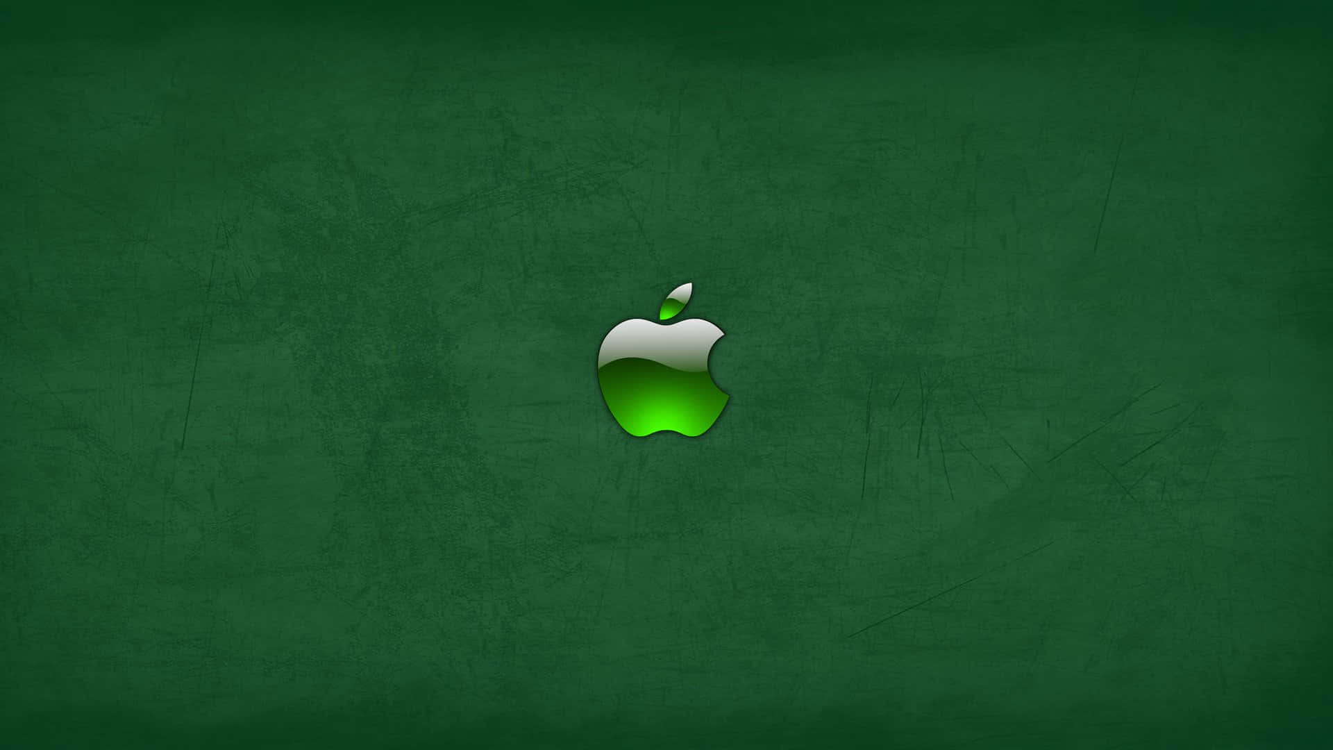 Logo 桌布 壁紙 — 一個發光的綠色Apple標誌，置中於帶有細微刮痕的紋理深綠色背景上。