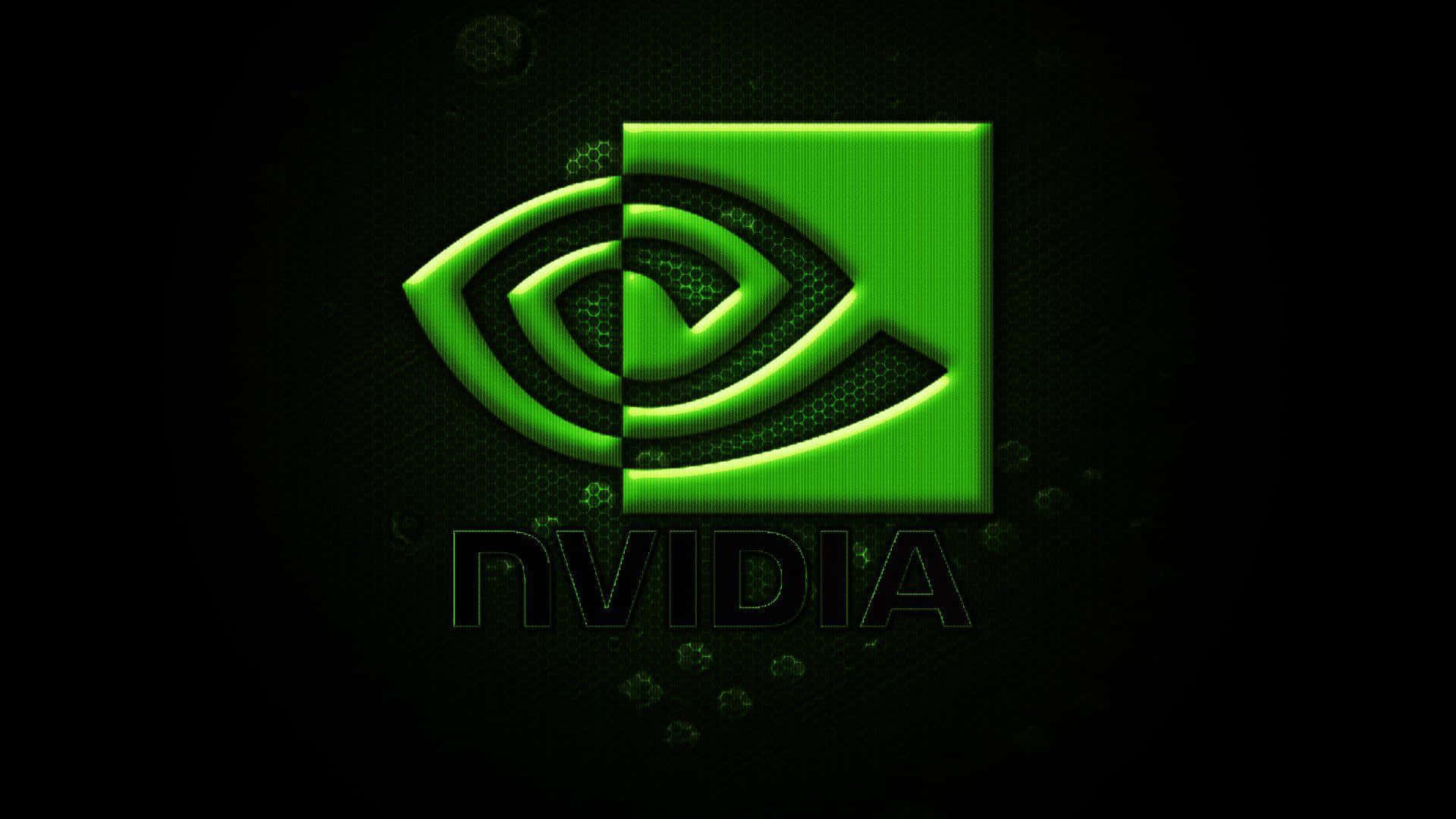 nvidia 桌布 壁紙 — 一個發光的綠色NVIDIA標誌，帶有眼睛設計，在帶有微妙粒子效果的深色紋理背景上脫穎而出。