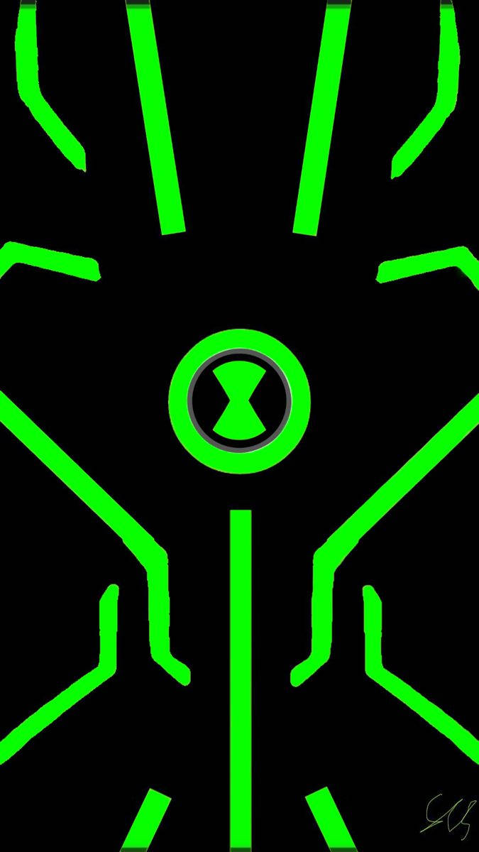 Ben 10 Omnitrix 桌布 壁紙 — 一個發光的綠色Omnitrix標誌從中央圓圈輻射出來，背景是銳利的黑色，帶有棱角分明的霓虹線條。